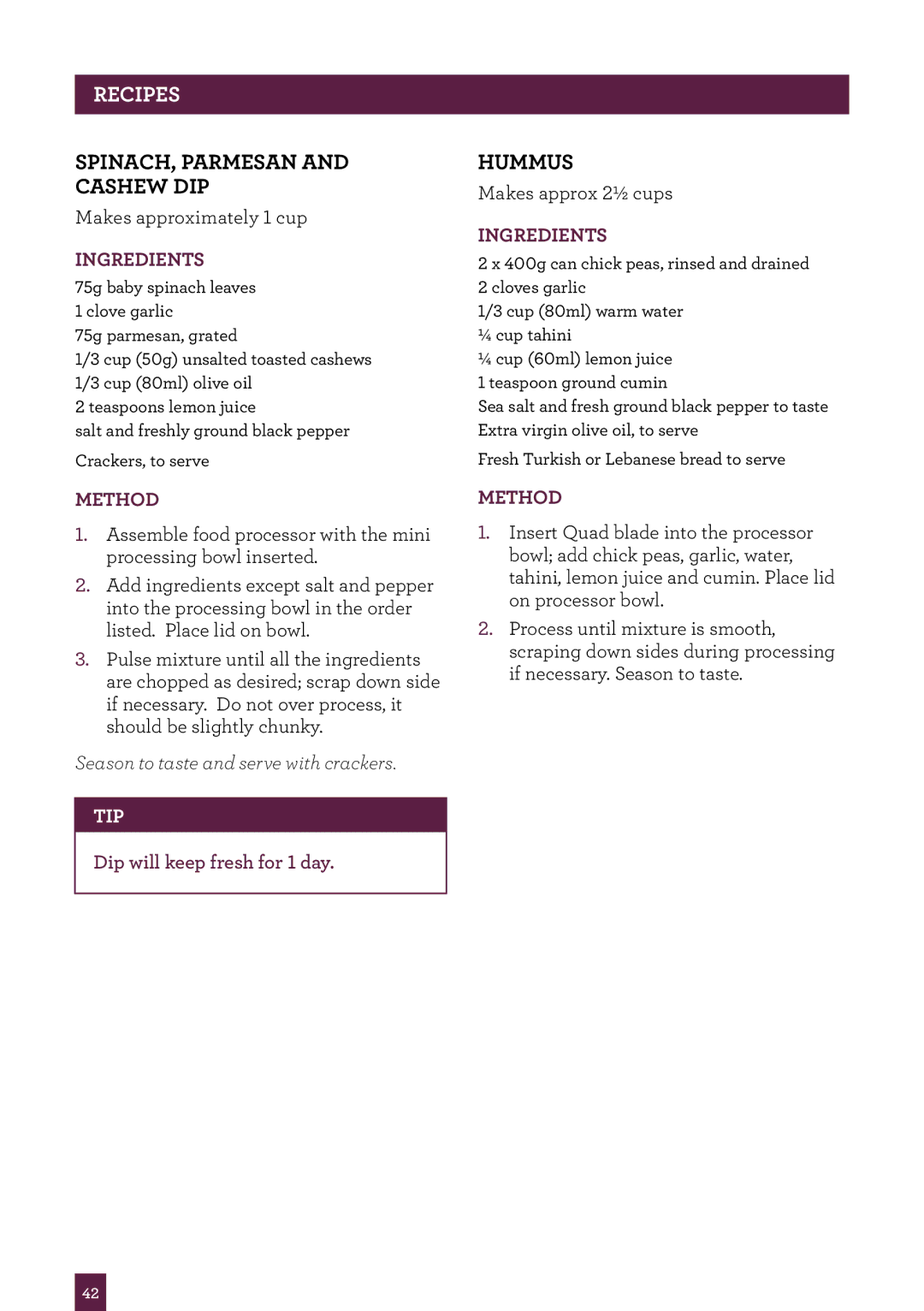Breville BFP800 manual Spinach, Parmesan Cashew Dip, Hummus 