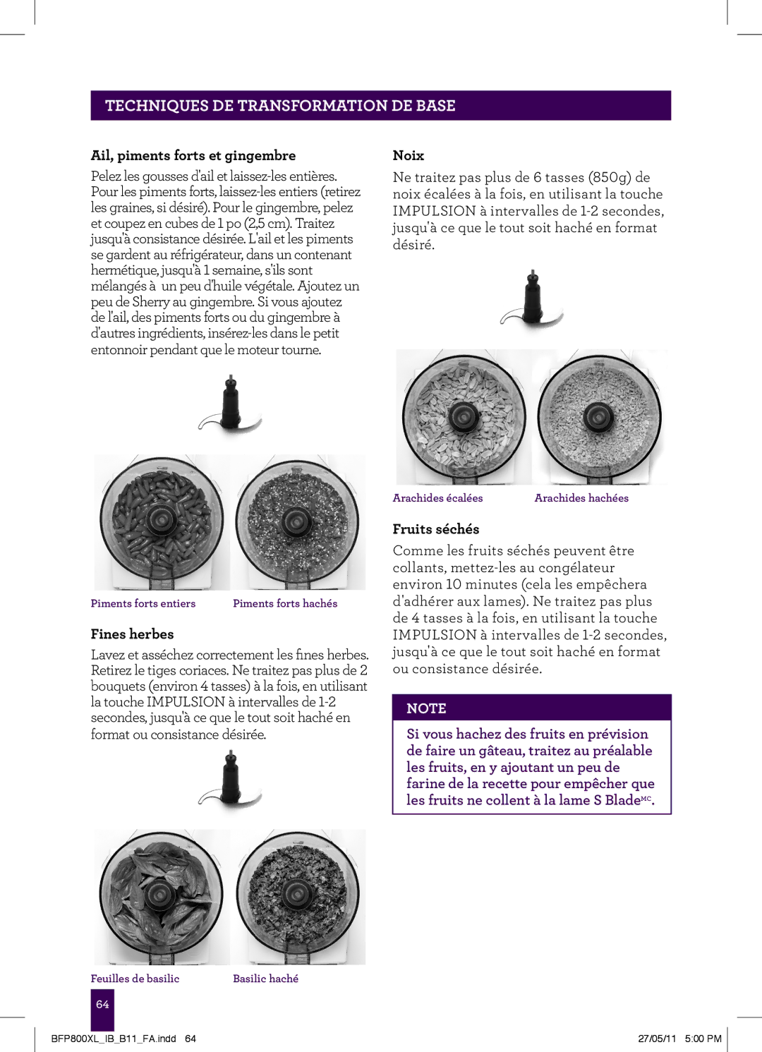 Breville BFP800XL manual Ail, piments forts et gingembre, Noix, Fines herbes, Fruits séchés 