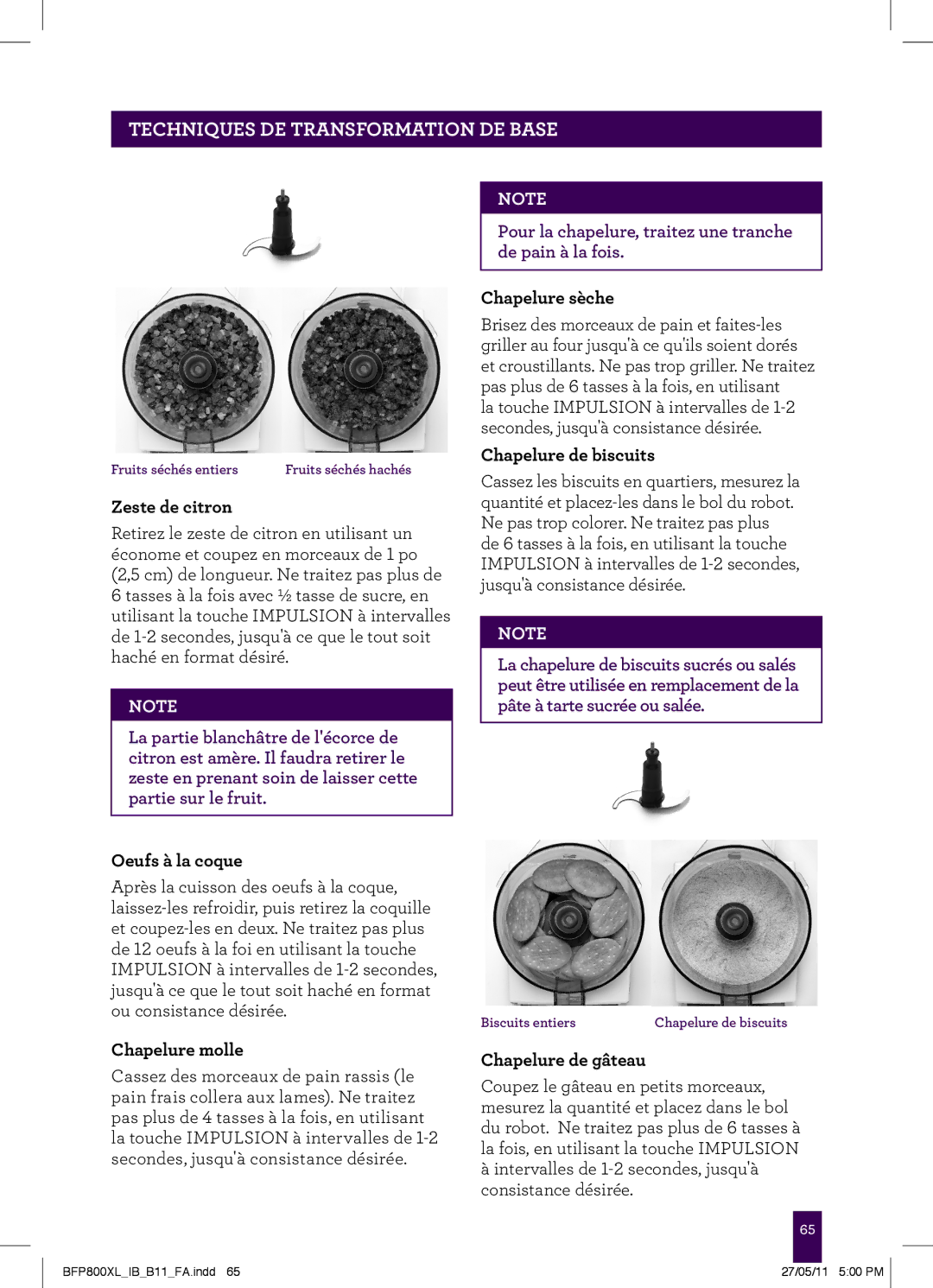 Breville BFP800XL manual Zeste de citron, Oeufs à la coque, Chapelure molle, Chapelure sèche, Chapelure de biscuits 