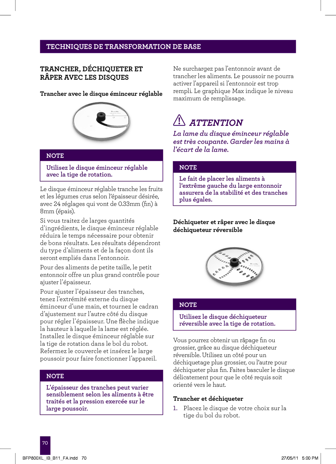 Breville BFP800XL manual TRANCHER, Déchiqueter ET Râper Avec LES Disques, Trancher avec le disque éminceur réglable 