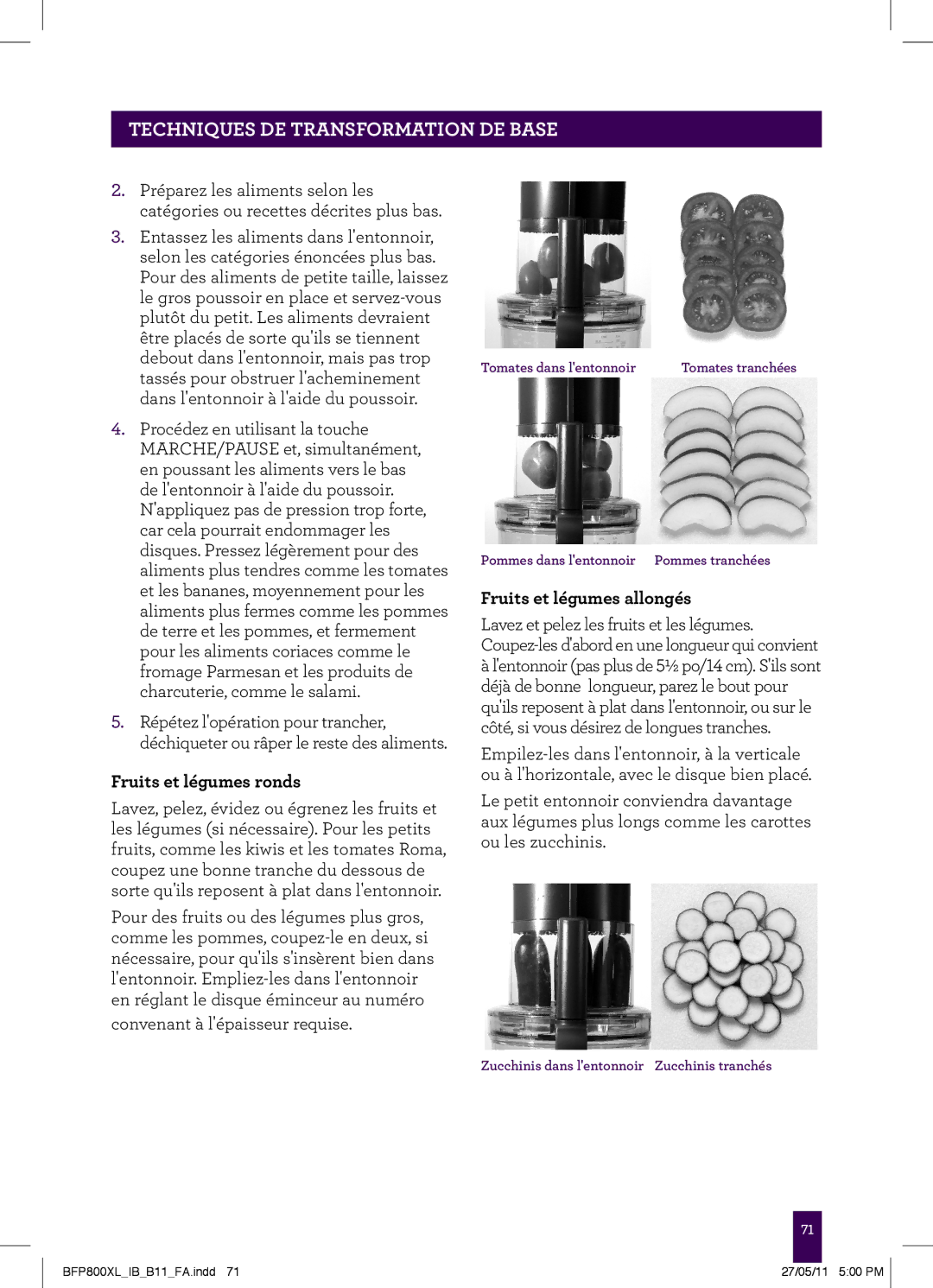 Breville BFP800XL manual Fruits et légumes ronds, Fruits et légumes allongés 