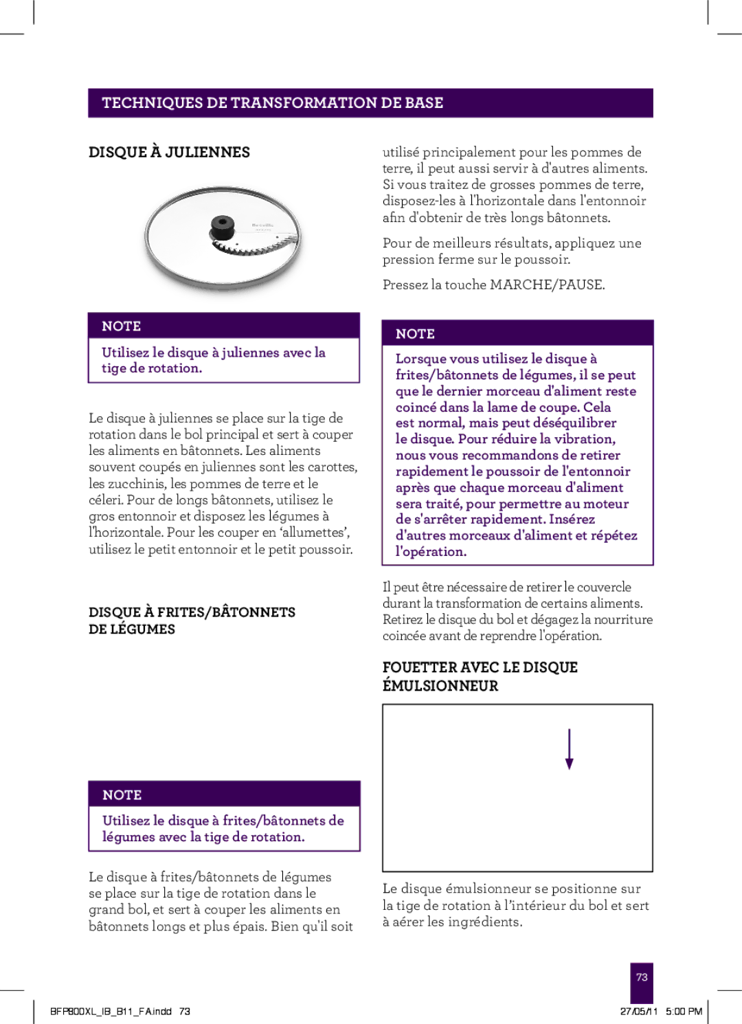 Breville BFP800XL manual Disque à juliennes, Fouetter Avec LE Disque Émulsionneur 