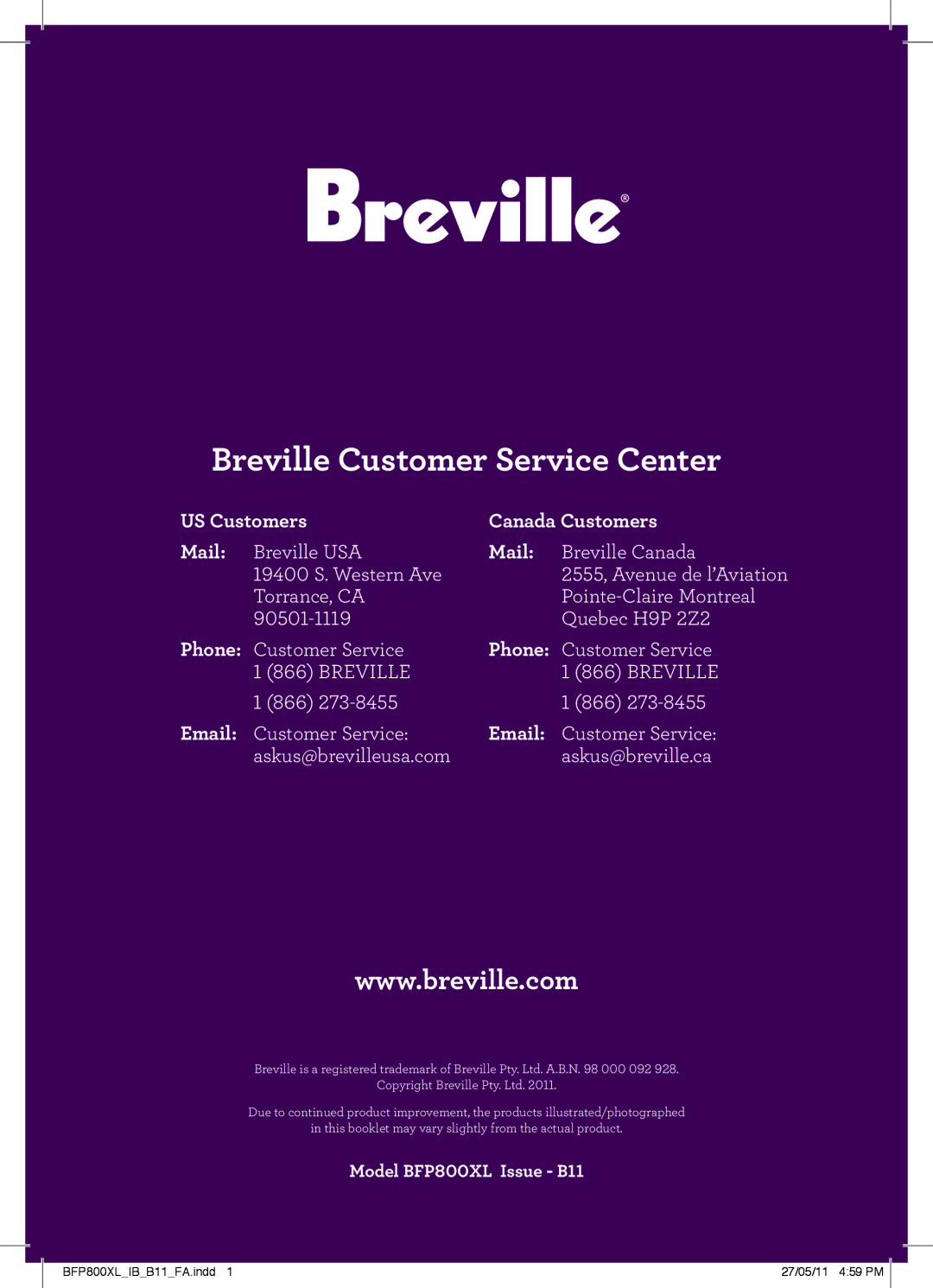 Breville BFP800XL manual Breville Customer Service Center 