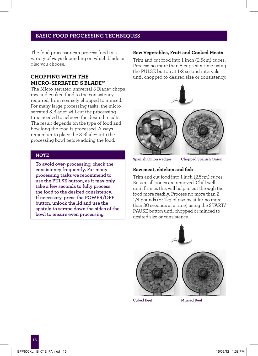 Breville BFP800XL manual Chopping with the micro-serrated S Blade, Raw Vegetables, Fruit and Cooked Meats 