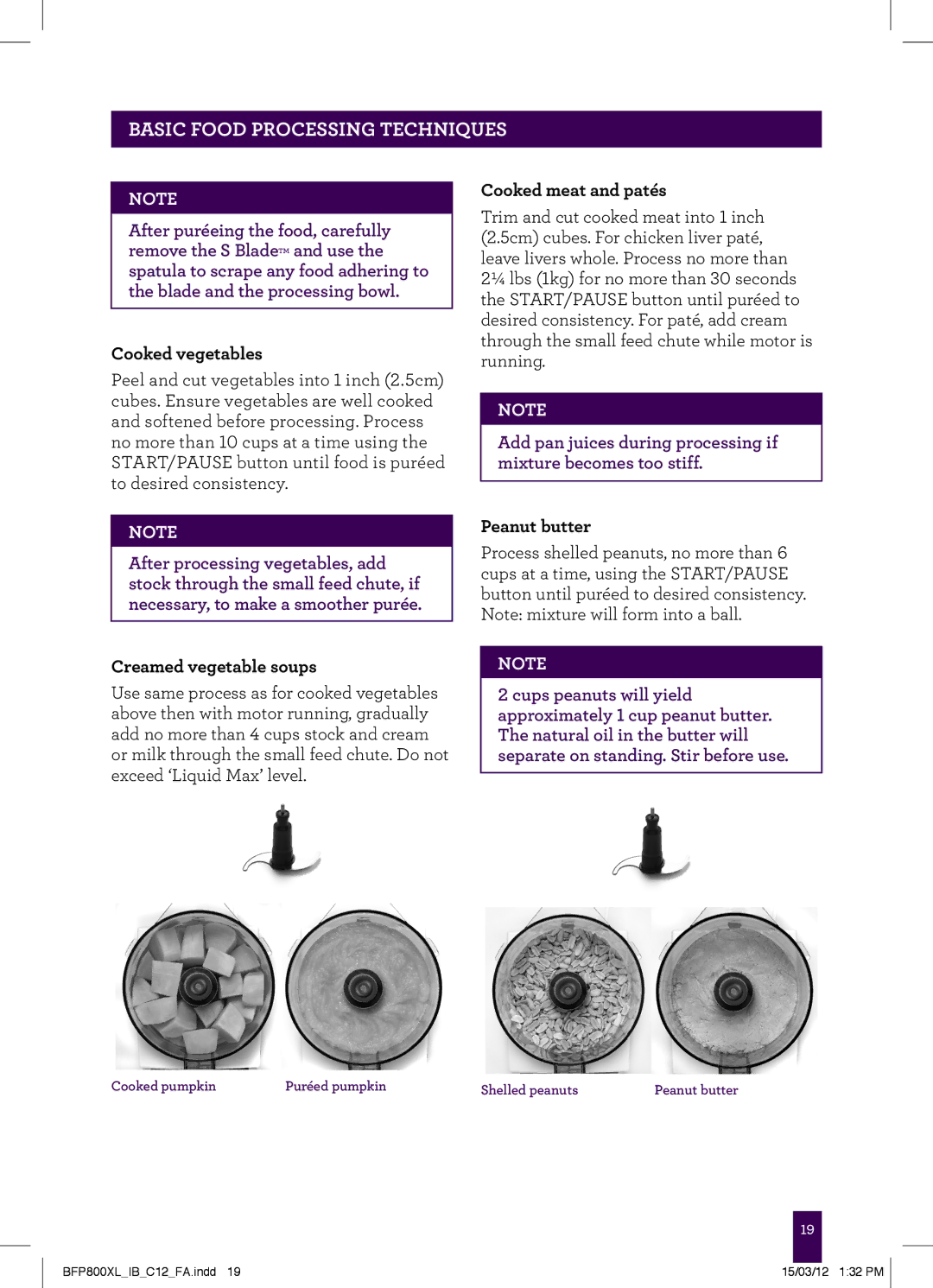 Breville BFP800XL manual Cooked vegetables, Creamed vegetable soups, Cooked meat and patés, Peanut butter 