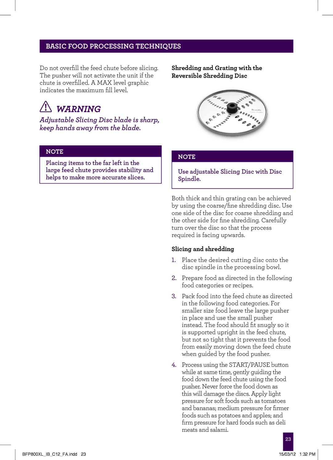 Breville BFP800XL manual Shredding and Grating with Reversible Shredding Disc, Slicing and shredding 
