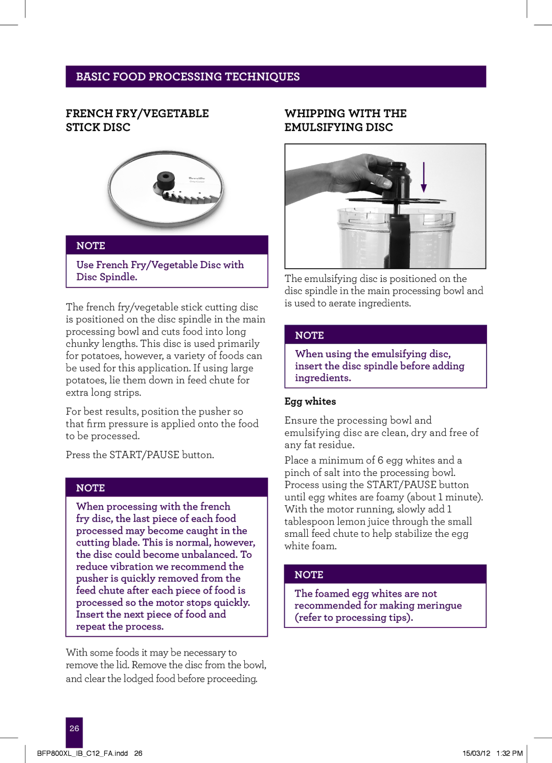 Breville BFP800XL manual Techniques, French Fry/Vegetable Whipping with Stick Disc, Emulsifying Disc, Egg whites 