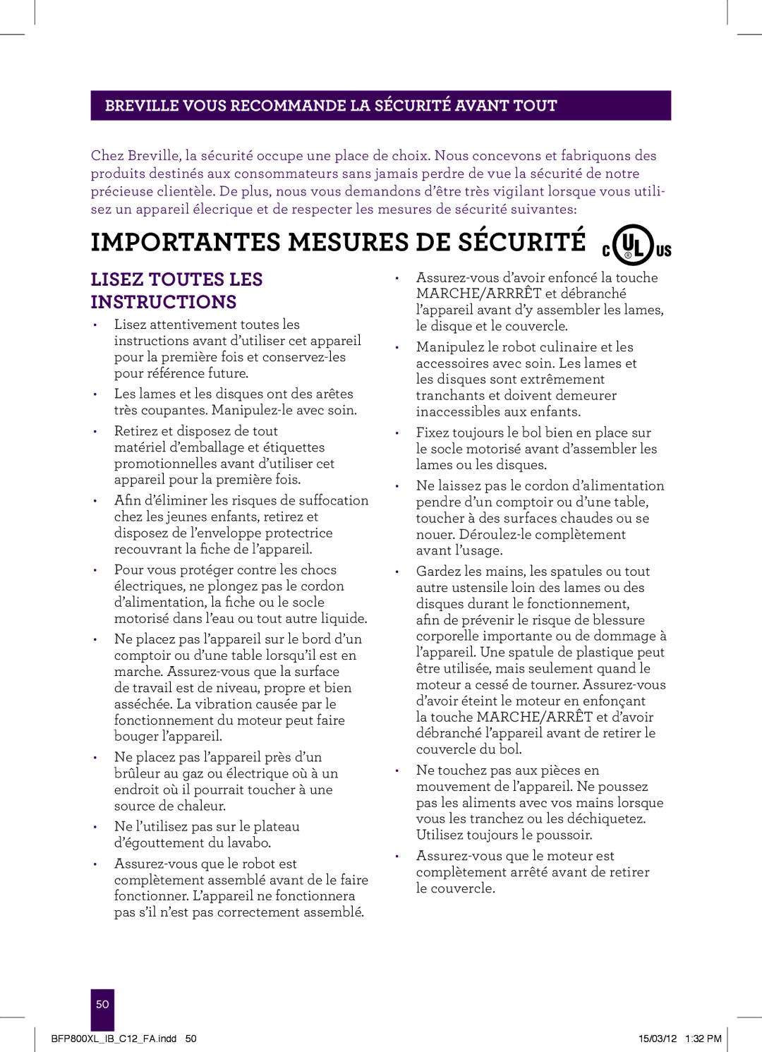 Breville BFP800XL manual Importantes Mesures DE Sécurité, Breville Vous Recommande LA Sécurité Avant Tout 