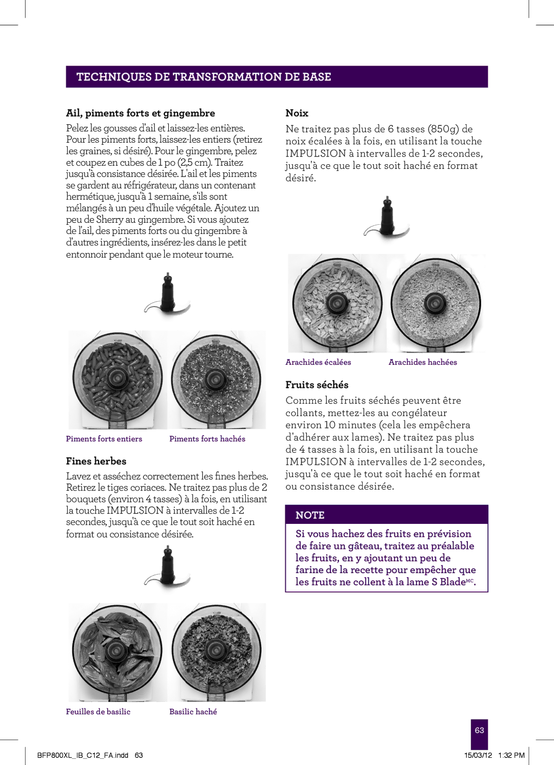 Breville BFP800XL manual Ail, piments forts et gingembre, Noix, Fines herbes, Fruits séchés 
