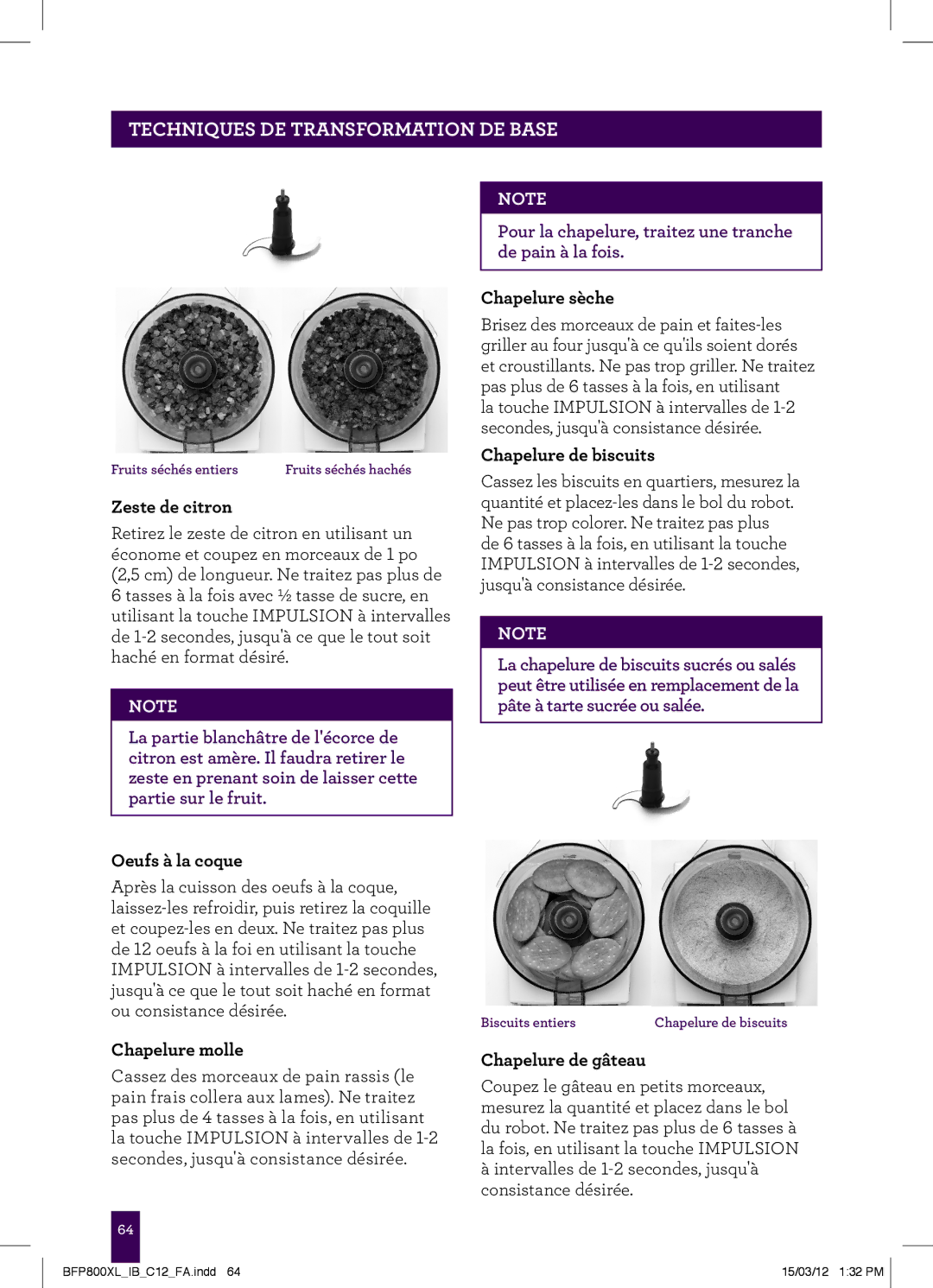 Breville BFP800XL manual Zeste de citron, Oeufs à la coque, Chapelure molle, Chapelure sèche, Chapelure de biscuits 