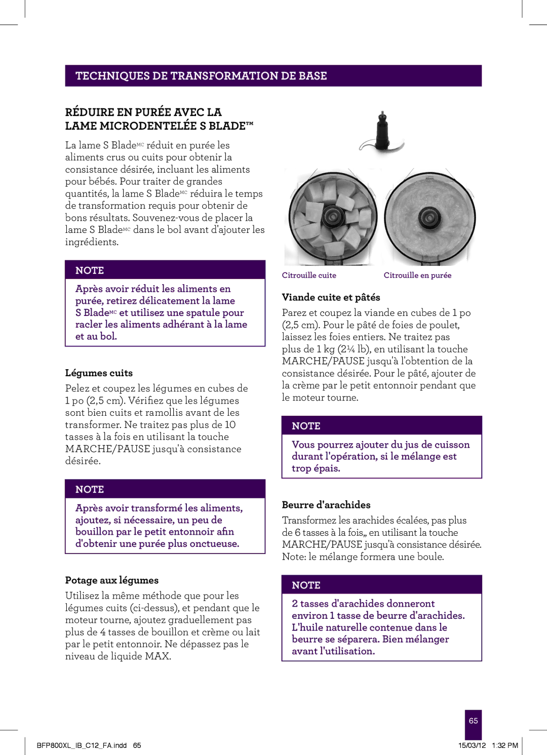 Breville BFP800XL manual Réduire EN Purée Avec LA Lame Microdentelée S Blade, Légumes cuits, Potage aux légumes 