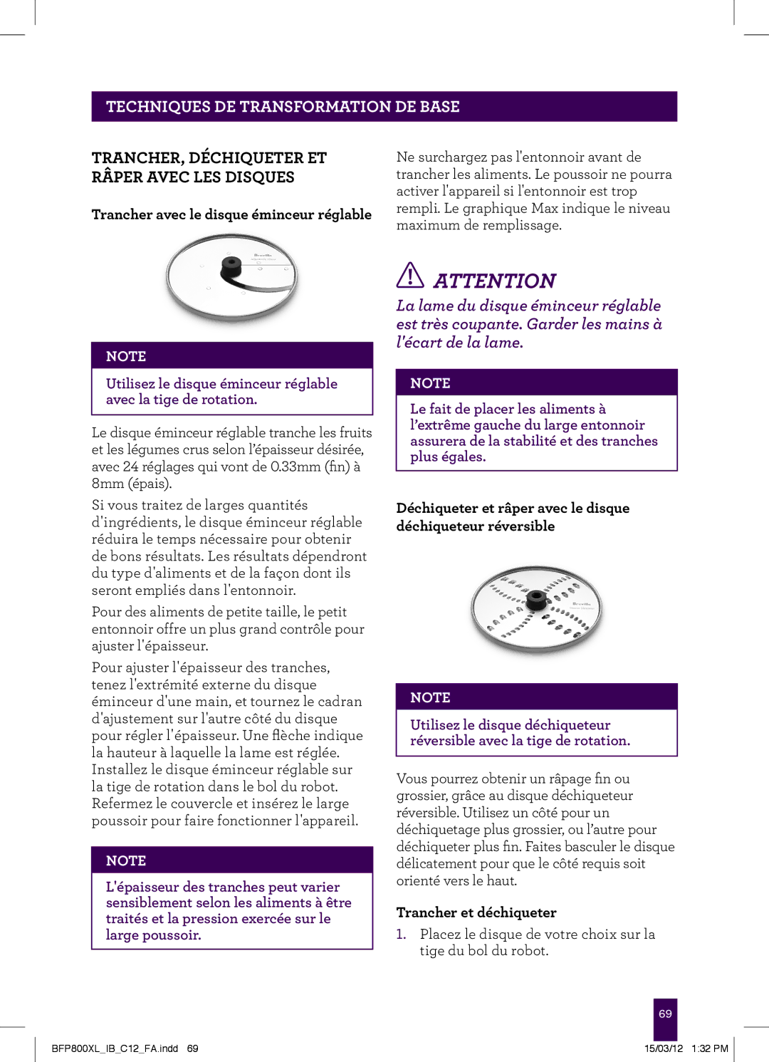 Breville BFP800XL manual TRANCHER, Déchiqueter ET Râper Avec LES Disques, Trancher avec le disque éminceur réglable 
