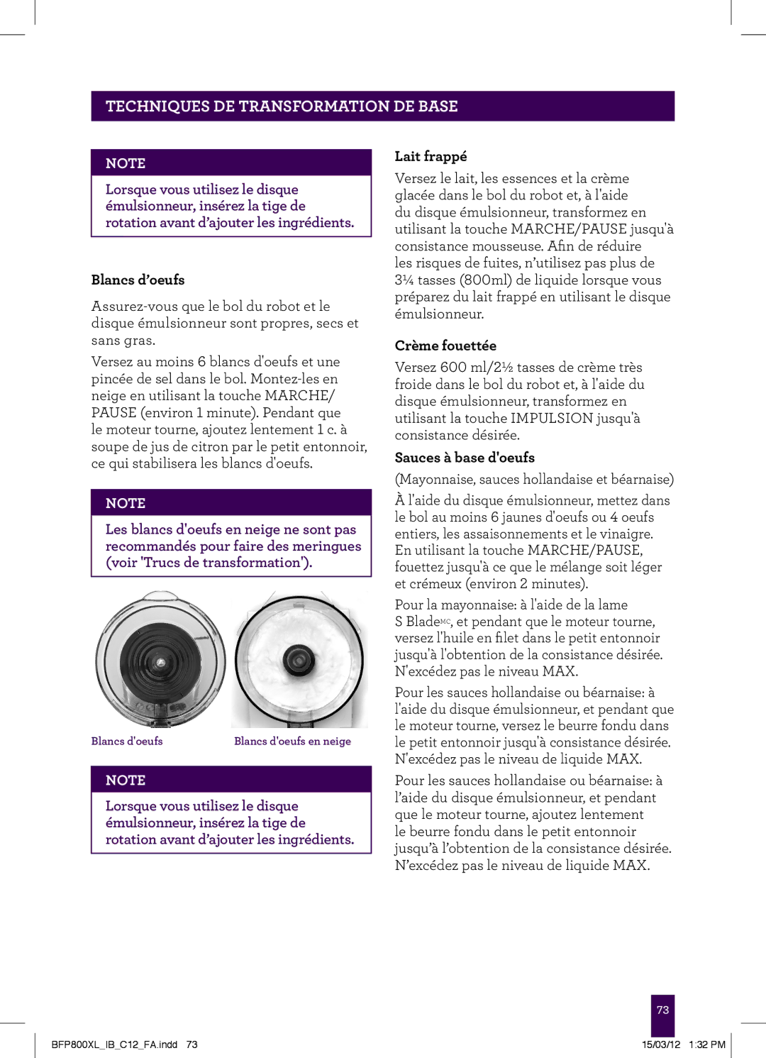 Breville BFP800XL manual Blancs d’oeufs, Lait frappé, Crème fouettée, Sauces à base doeufs 