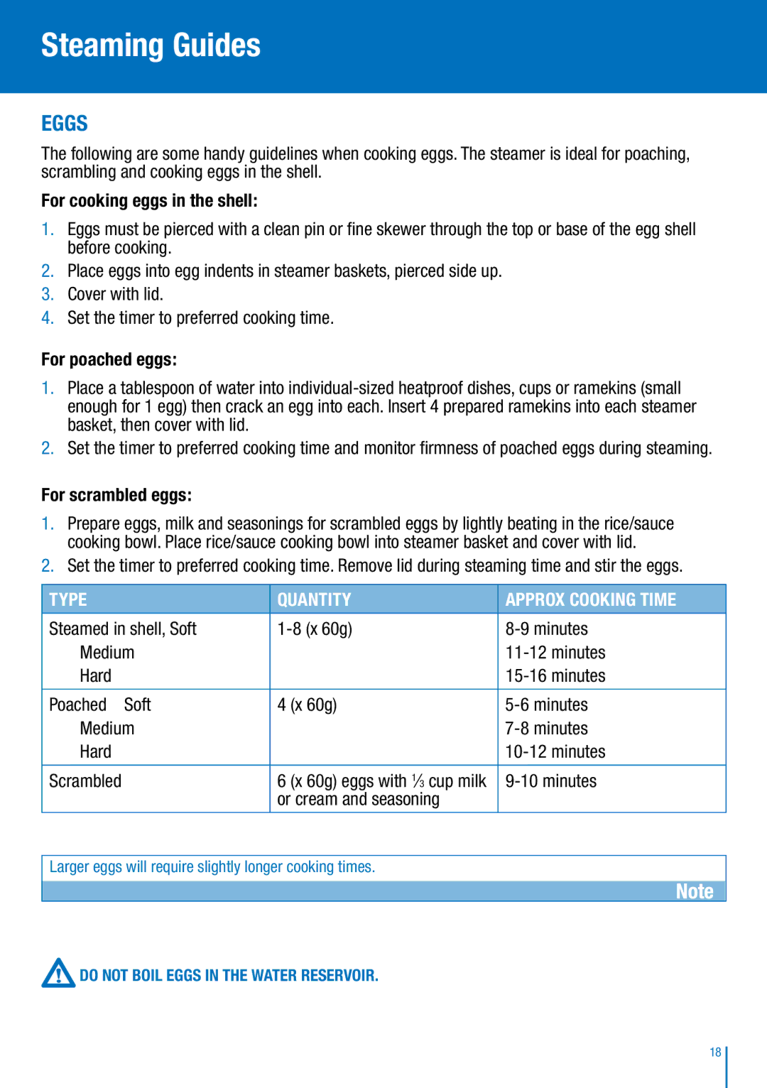 Breville BFS600 manual Eggs, For cooking eggs in the shell, For poached eggs, For scrambled eggs, Or cream and seasoning 