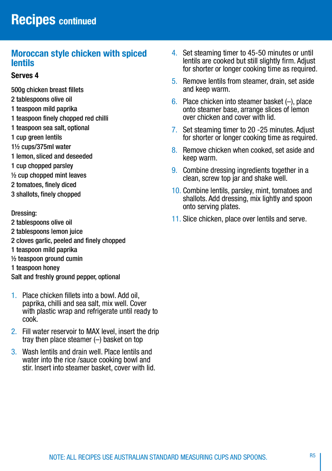 Breville BFS600 manual Moroccan style chicken with spiced lentils, . Remove chicken when cooked, set aside and keep warm 