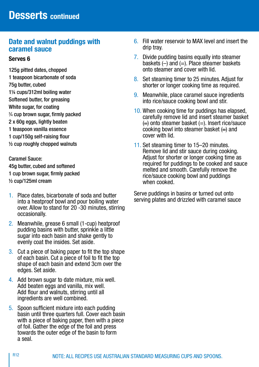Breville BFS600 manual Date and walnut puddings with caramel sauce 