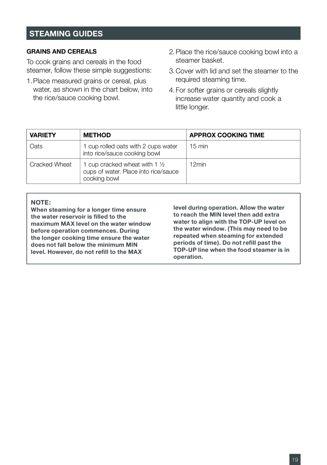 Breville BFS600XL manual Grains and cereals, Variety Method Approx Cooking Time 