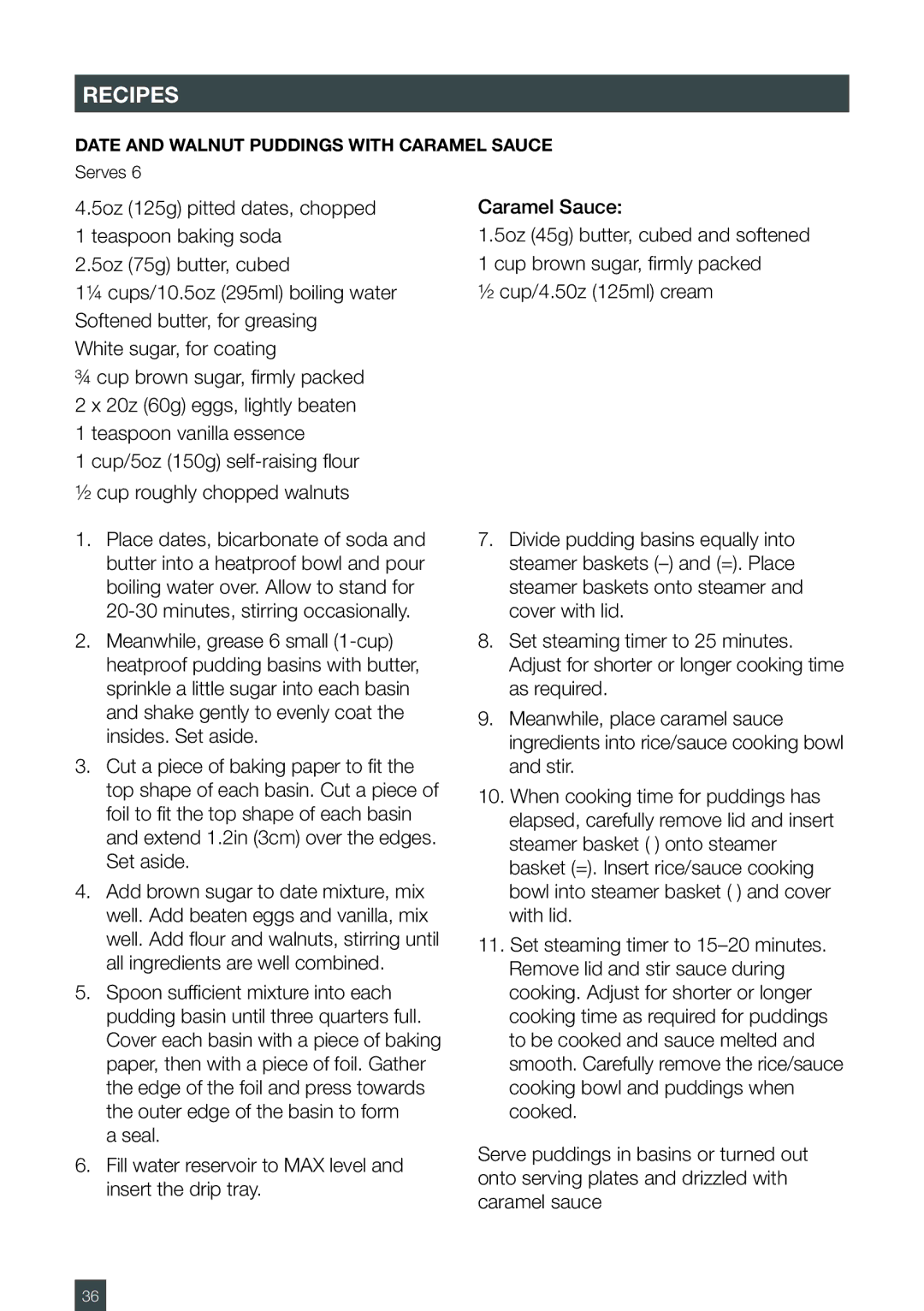 Breville BFS600XL manual Date and walnut puddings with caramel sauce 