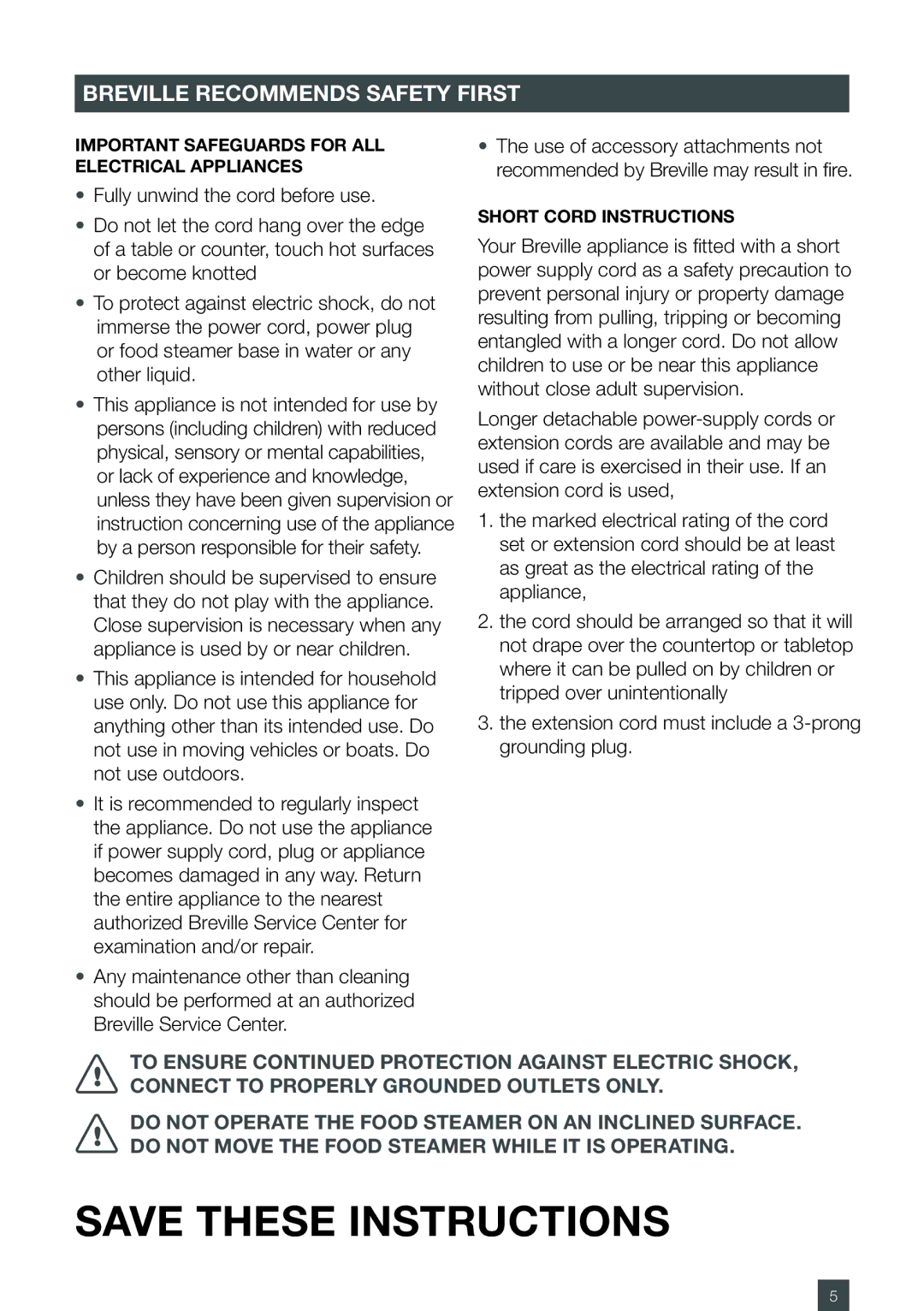 Breville BFS600XL manual Important safeguards for all electrical appliances 