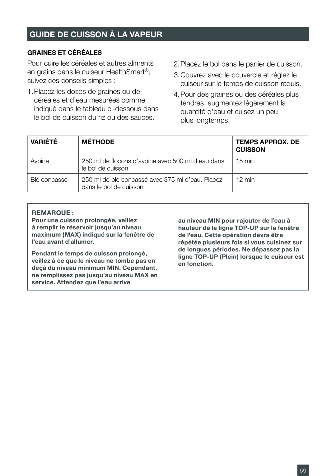 Breville BFS600XL manual Graines ET Céréales, Variété Méthode Temps APPROX. DE Cuisson 