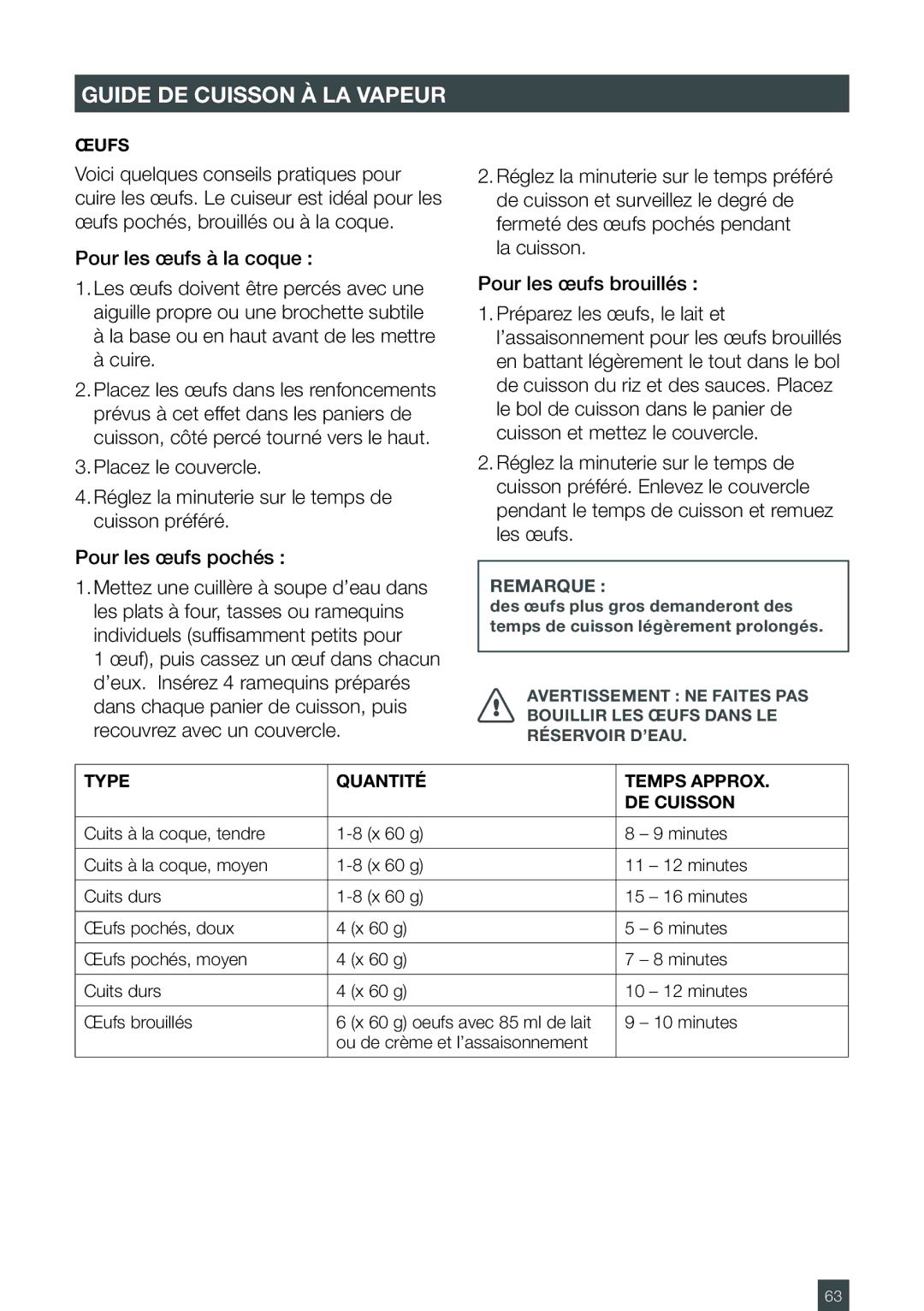 Breville BFS600XL manual Pour les œufs à la coque, La base ou en haut avant de les mettre Cuire, Œufs 