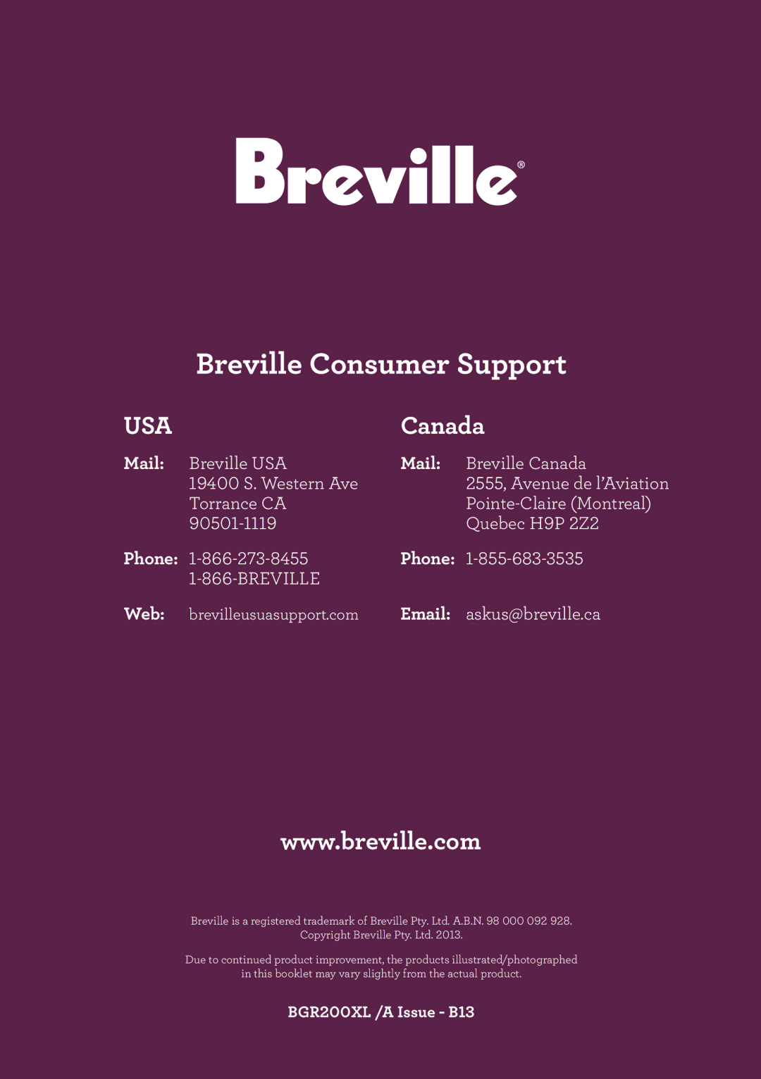 Breville Panini Grill, BGR200XL /A manual Mail, Phone, Web 