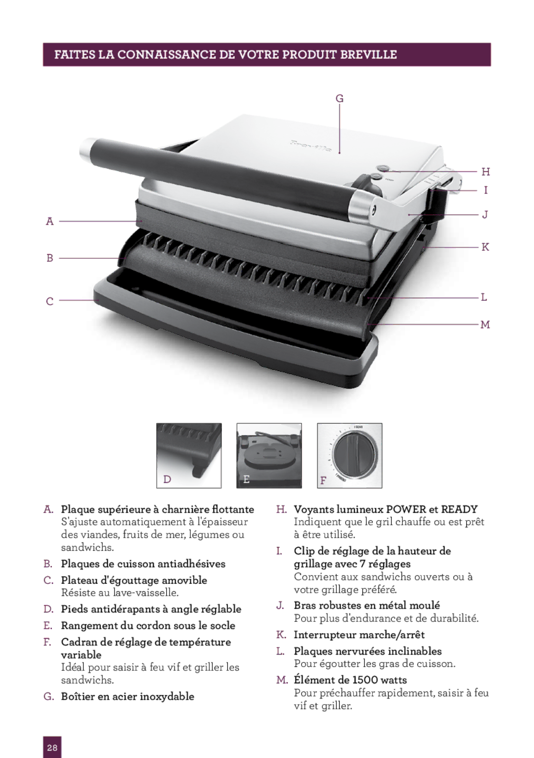 Breville Panini Grill, BGR200XL /A manual Idéal pour saisir à feu vif et griller les sandwichs 