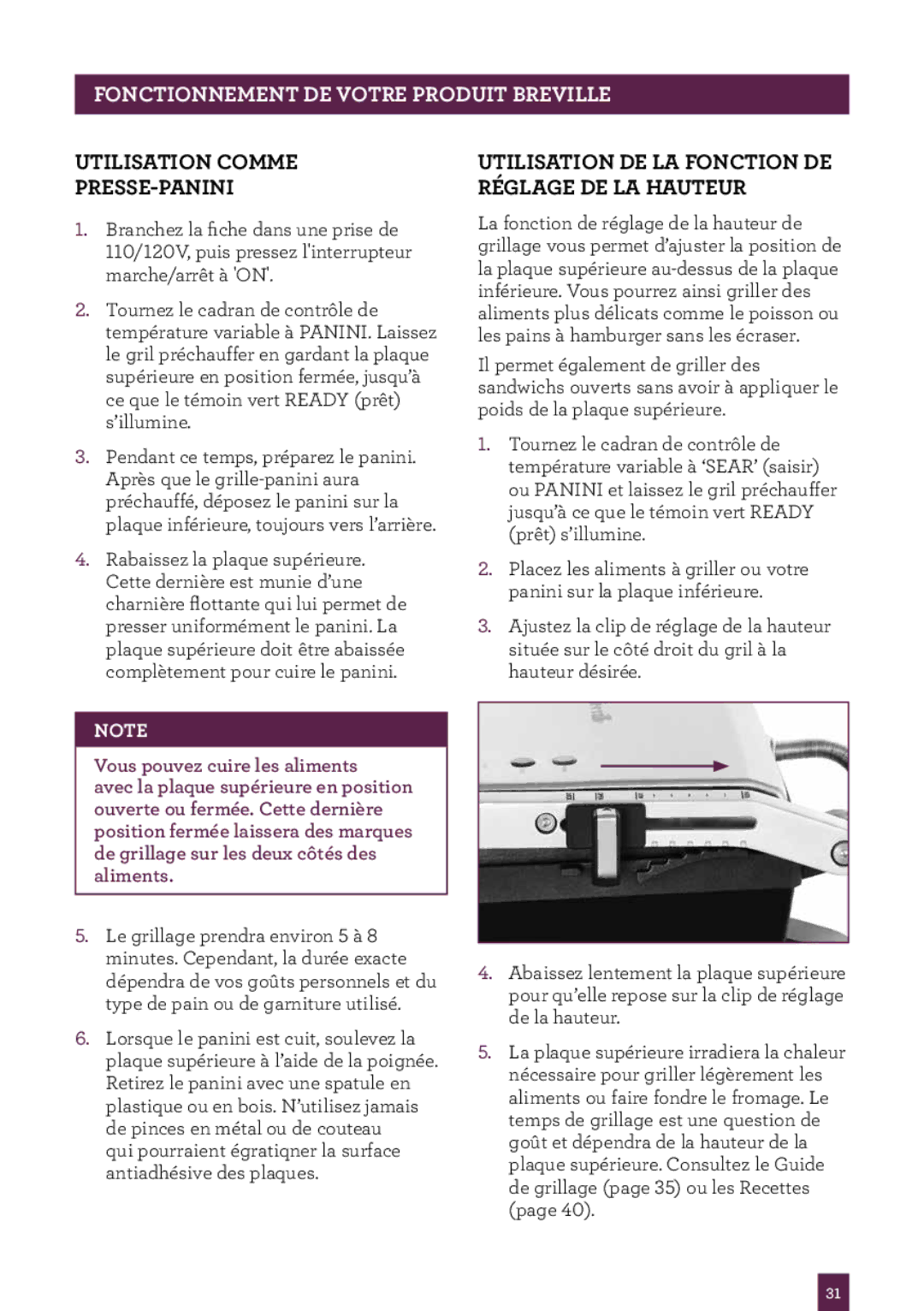 Breville BGR200XL /A, Panini Grill Utilisation Comme PRESSE-PANINI, Utilisation DE LA Fonction DE Réglage DE LA Hauteur 