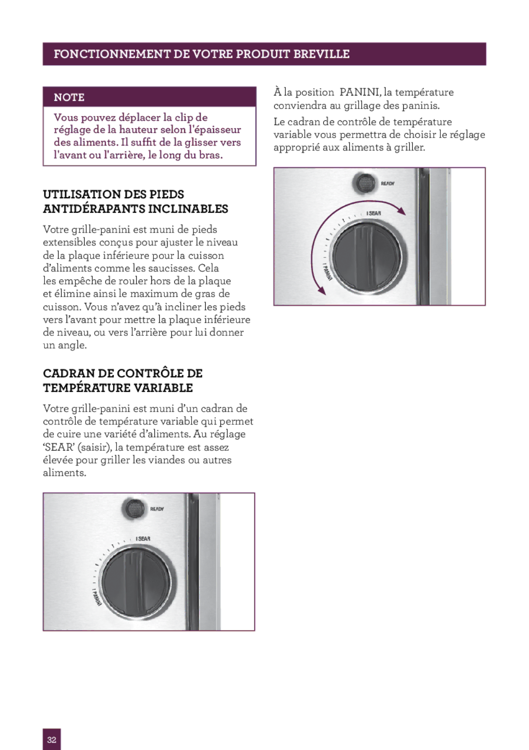 Breville Panini Grill manual Utilisation DES Pieds Antidérapants Inclinables, Cadran DE Contrôle DE Température Variable 