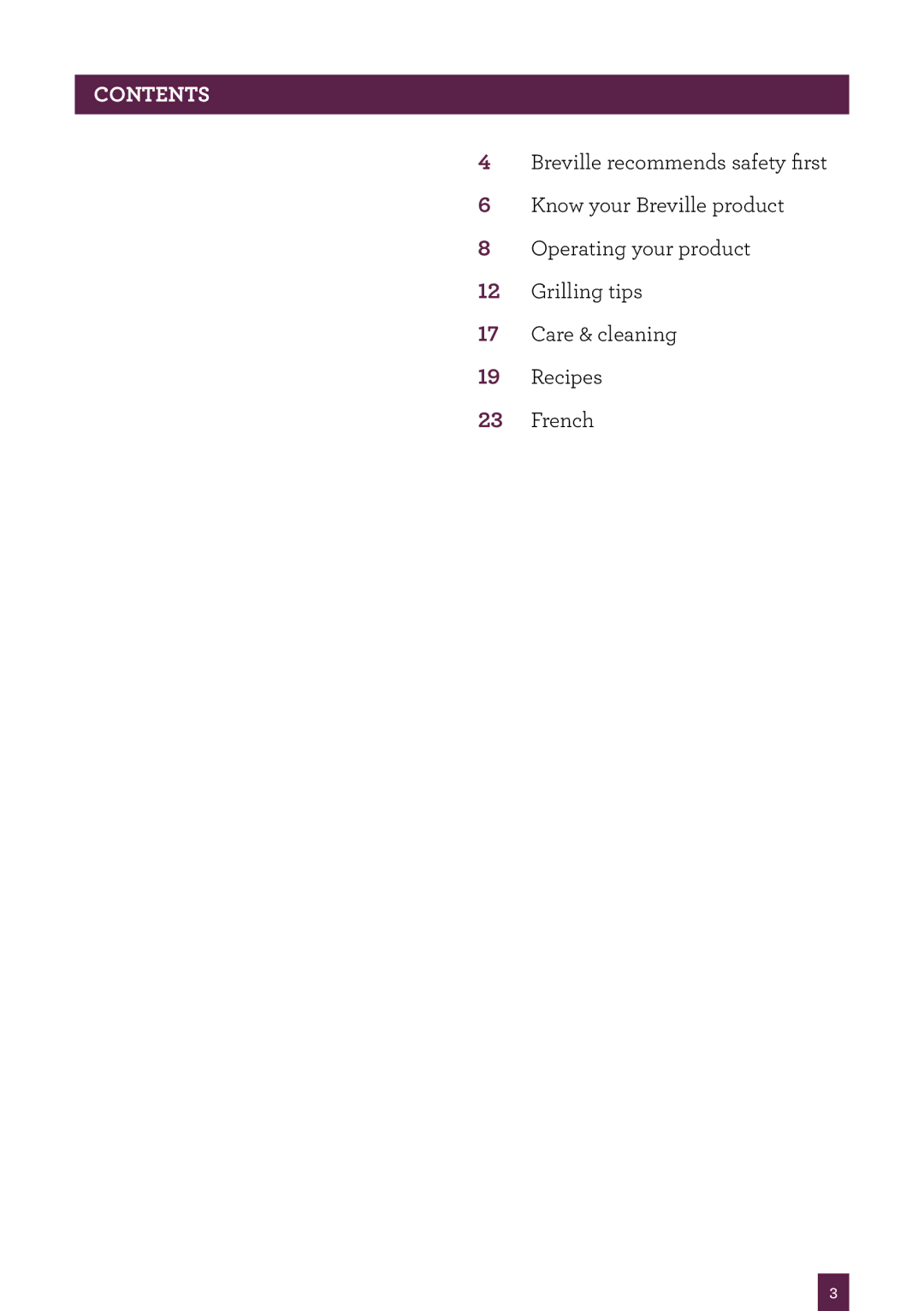 Breville BGR200XL /A, Panini Grill manual Contents 