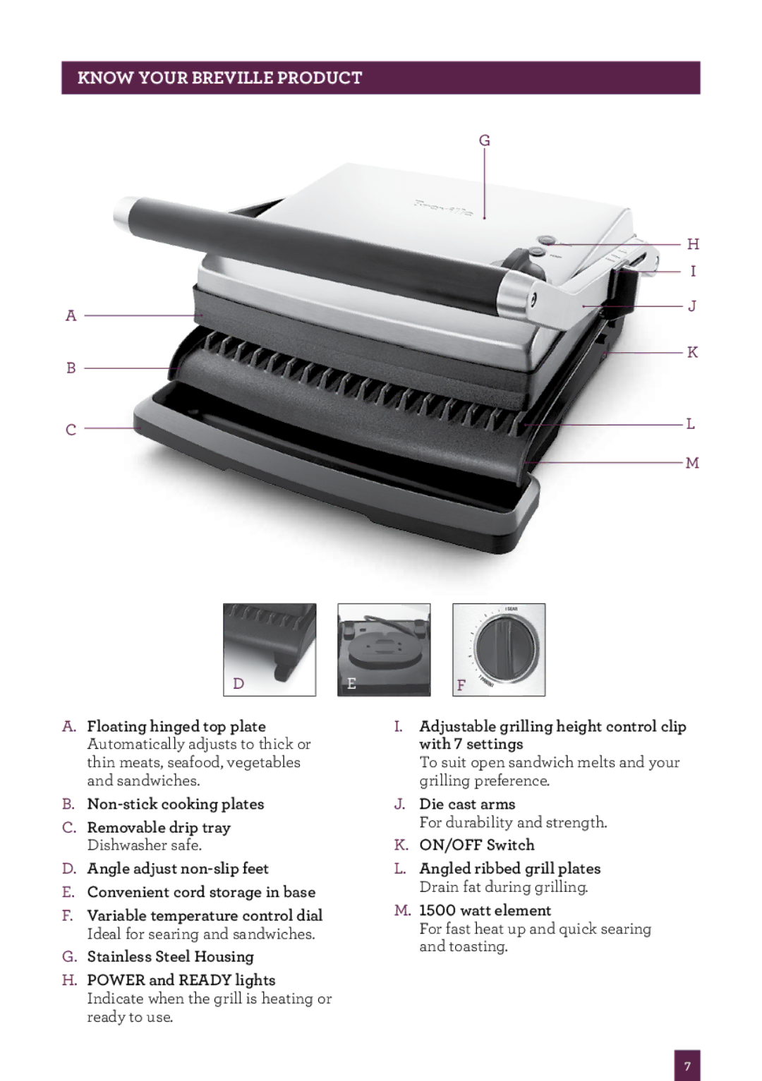 Breville BGR200XL /A, Panini Grill manual Know your Breville Product, Die cast arms 