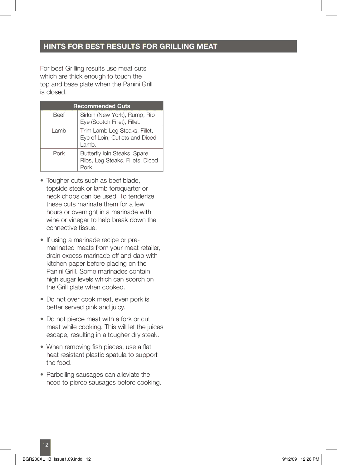 Breville BGR200XL manual Hints for Best Results for Grilling Meat 