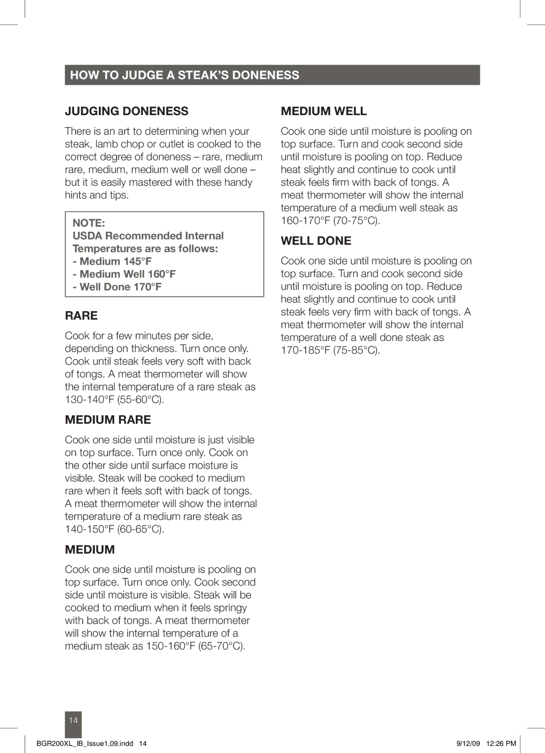 Breville BGR200XL manual Judging doneness, Medium Well, Well Done, Medium Rare 