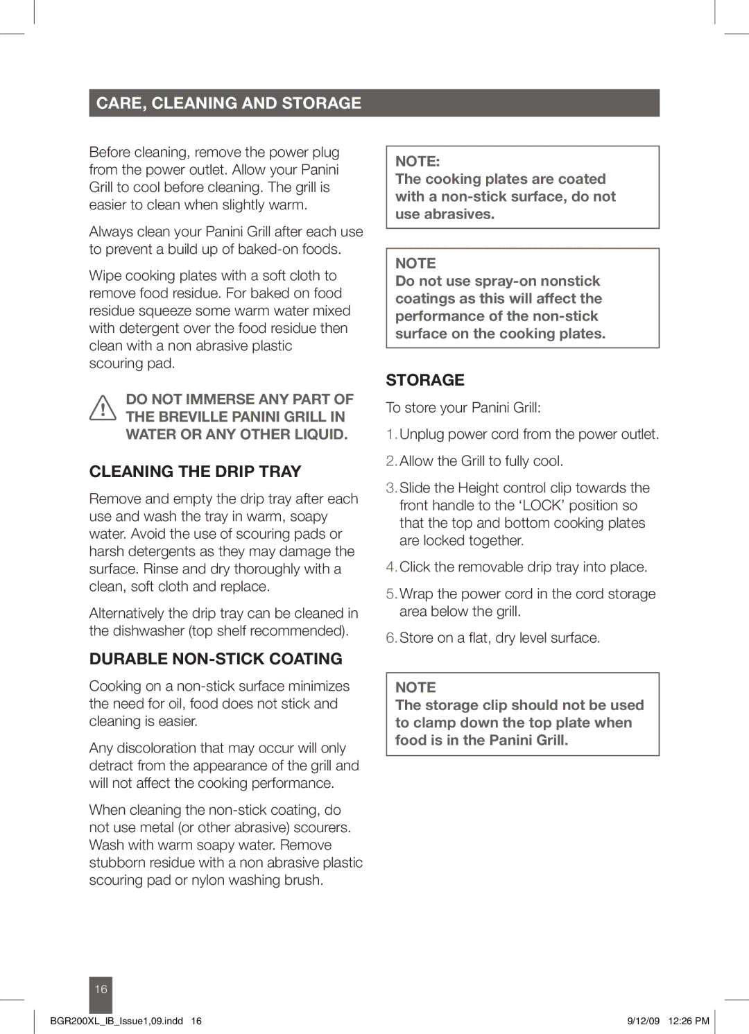 Breville BGR200XL manual Cleaning the Drip Tray, Durable Non-stick Coating, Storage 