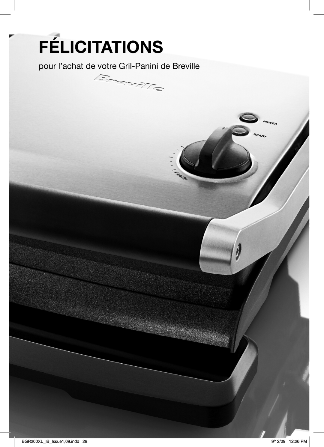 Breville BGR200XL manual Félicitations, Pour l’achat de votre Gril-Panini de Breville 