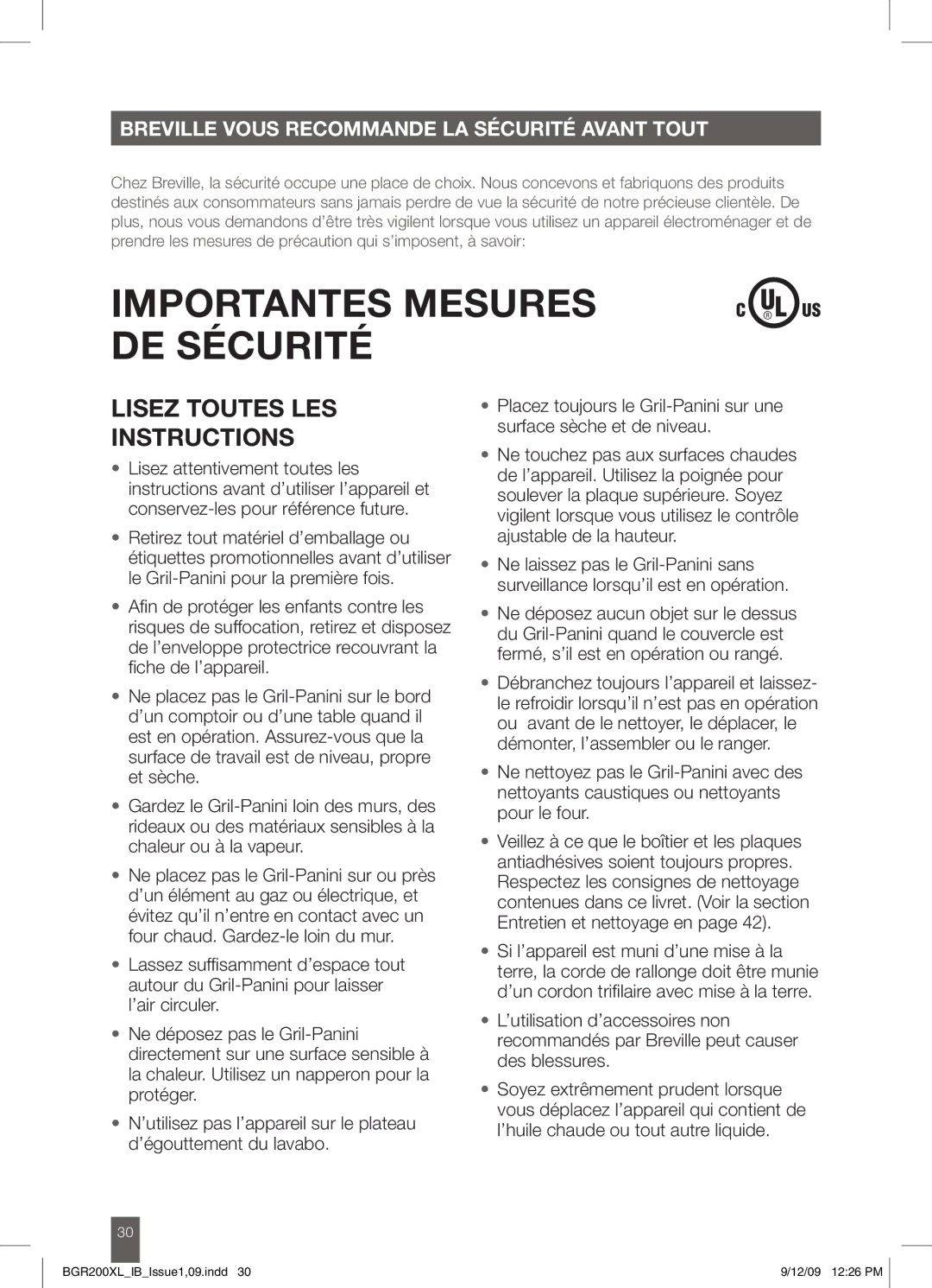 Breville BGR200XL manual Importantes Mesures DE Sécurité, Breville Vous Recommande LA Sécurité Avant Tout 