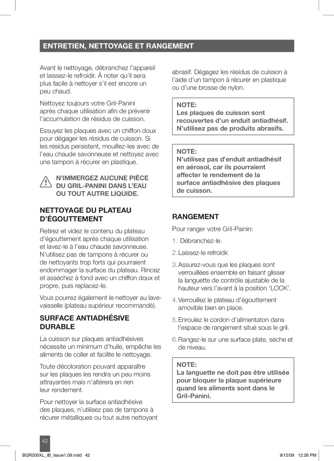 Breville BGR200XL ENTRETIEN, Nettoyage ET Rangement, Nettoyage DU Plateau D’ÉGOUTTEMENT, Surface Antiadhésive Durable 