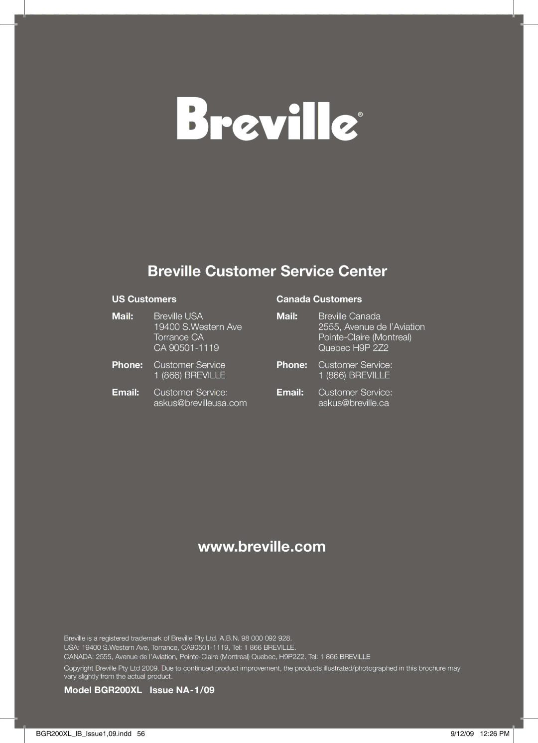 Breville BGR200XL manual Breville Customer Service Center 