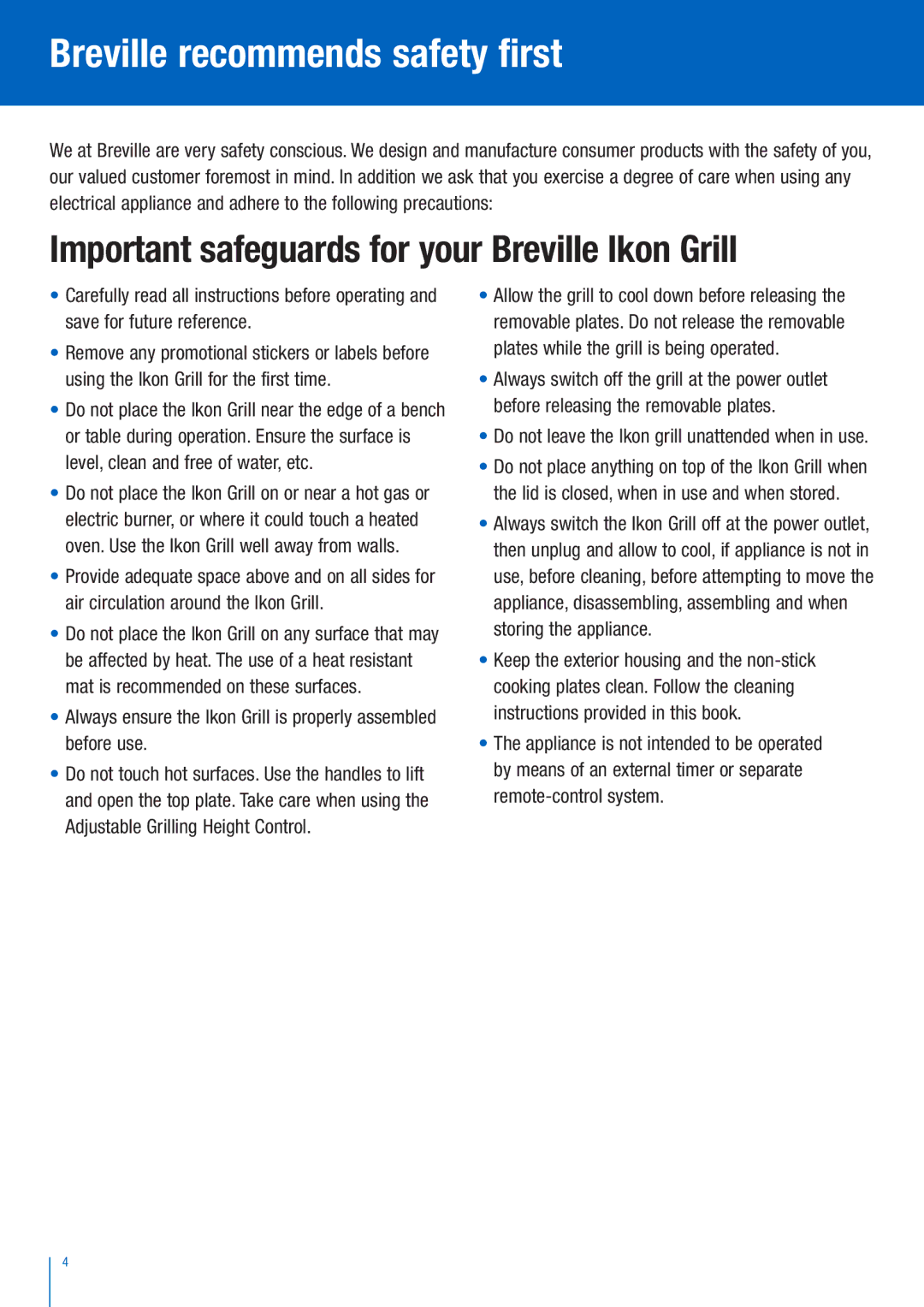 Breville BGR400 manual Breville recommends safety first, Important safeguards for your Breville Ikon Grill 