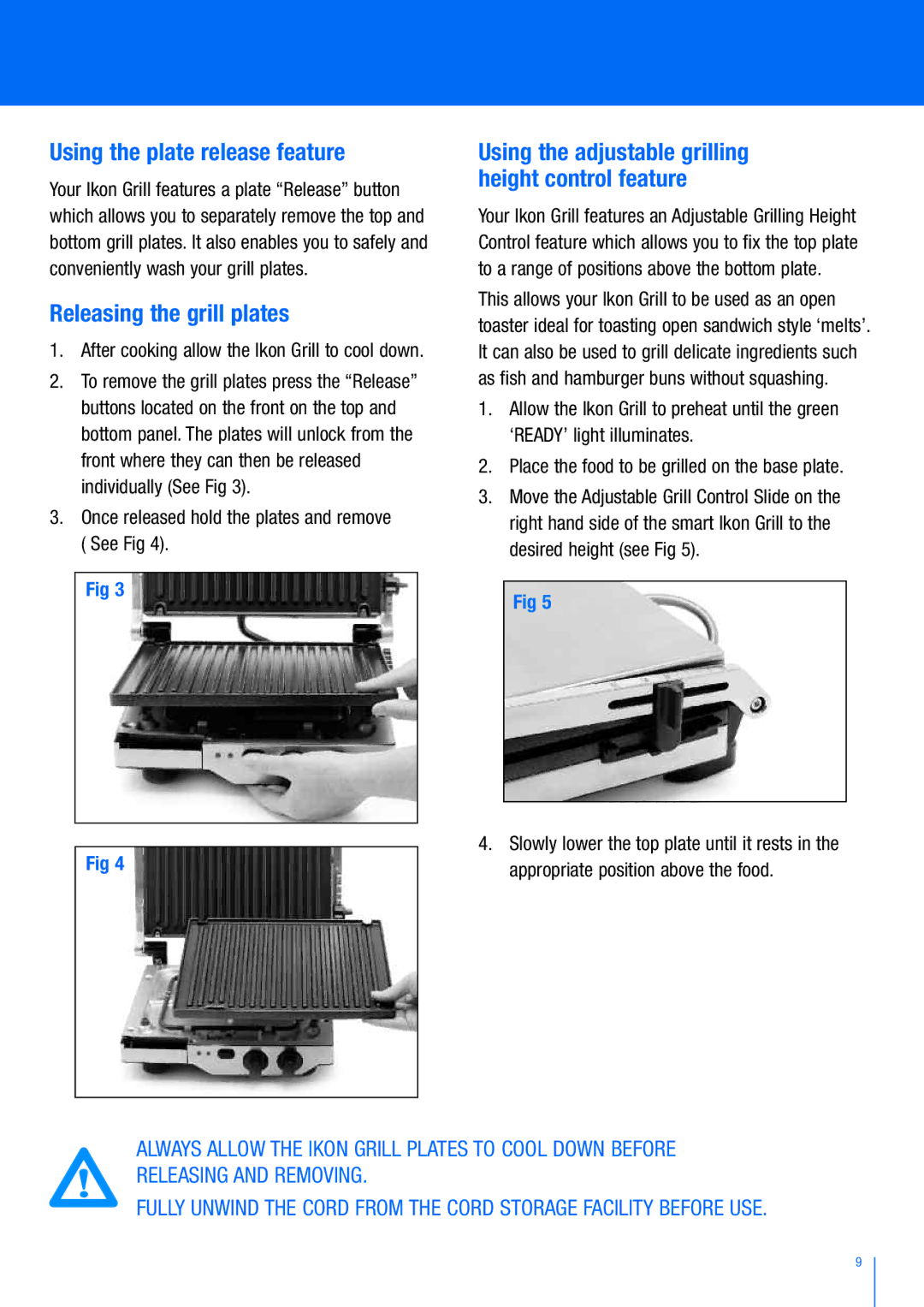 Breville BGR400 manual Using the plate release feature, Releasing the grill plates 