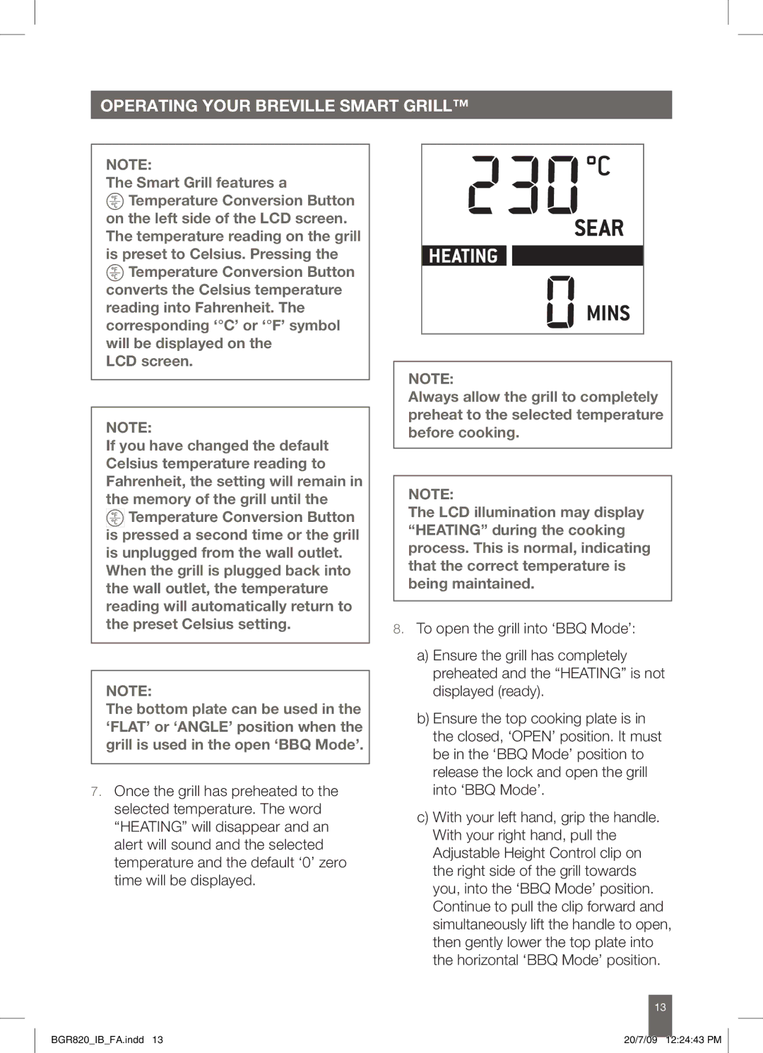 Breville BGR820 manual Operating your breville smart Grill 