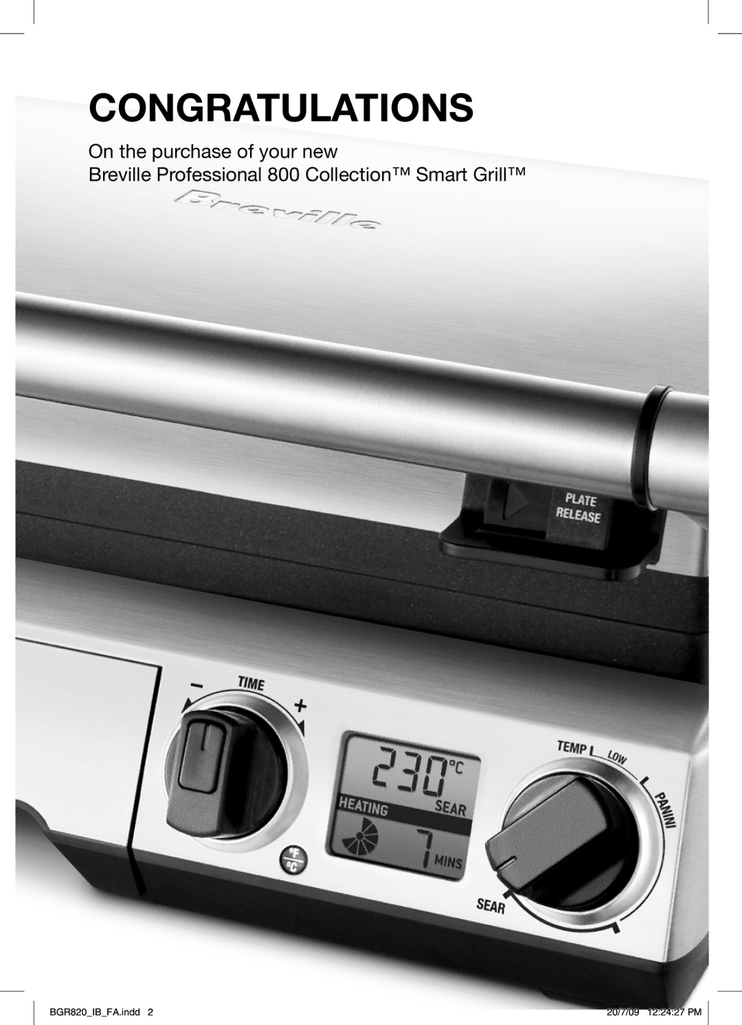 Breville BGR820 manual Congratulations 