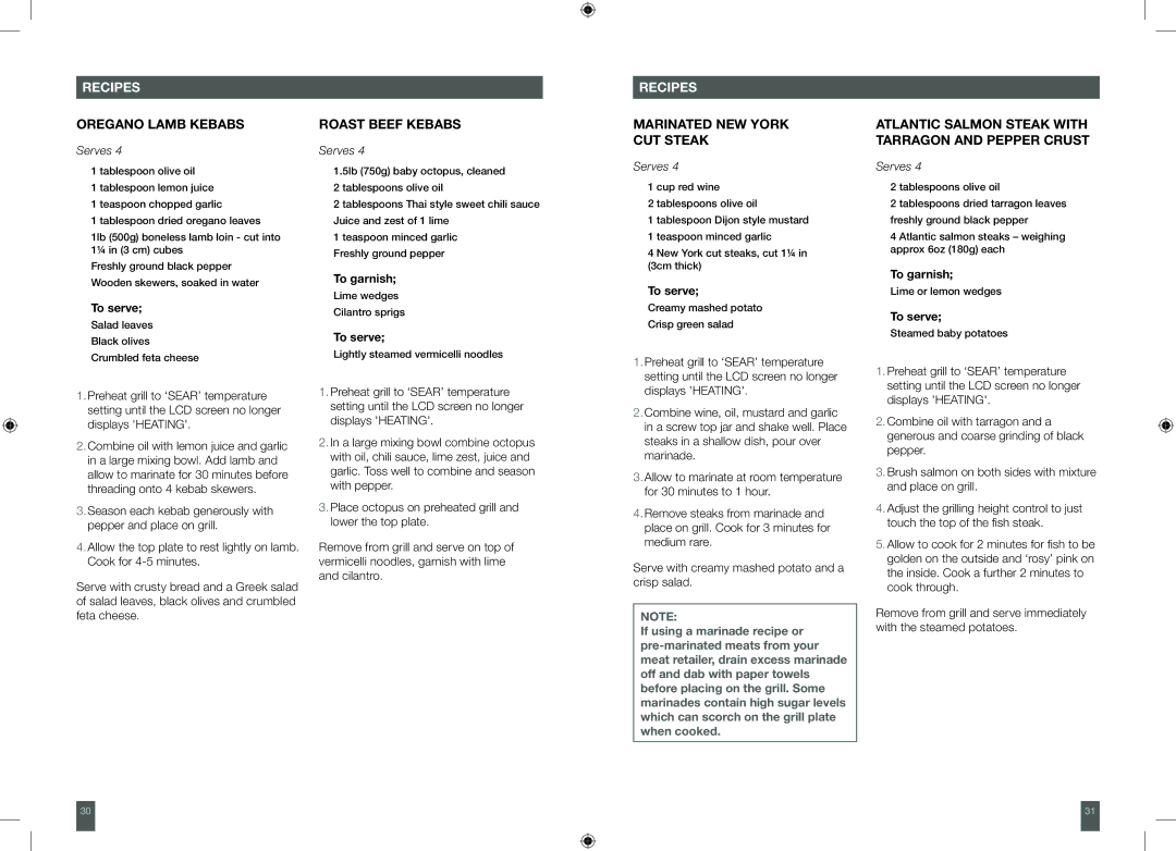 Breville BGR820XL manual Oregano Lamb Kebabs, Roast beef kebabs, Marinated NEW York CUT Steak, To garnish 
