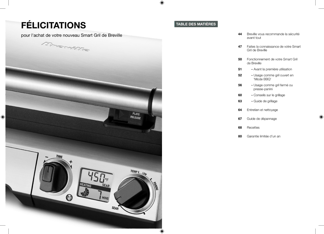 Breville BGR820XL manual Félicitations, Table DES Matières 