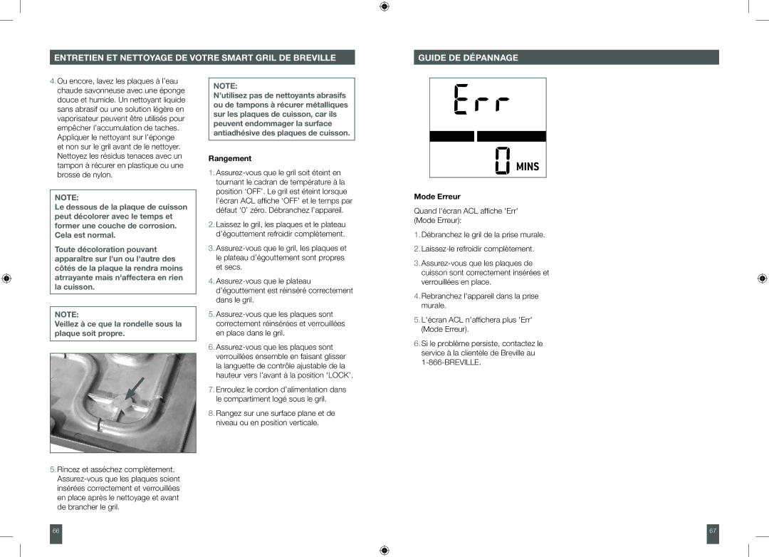 Breville BGR820XL manual Guide DE Dépannage, Rangement, Mode Erreur 