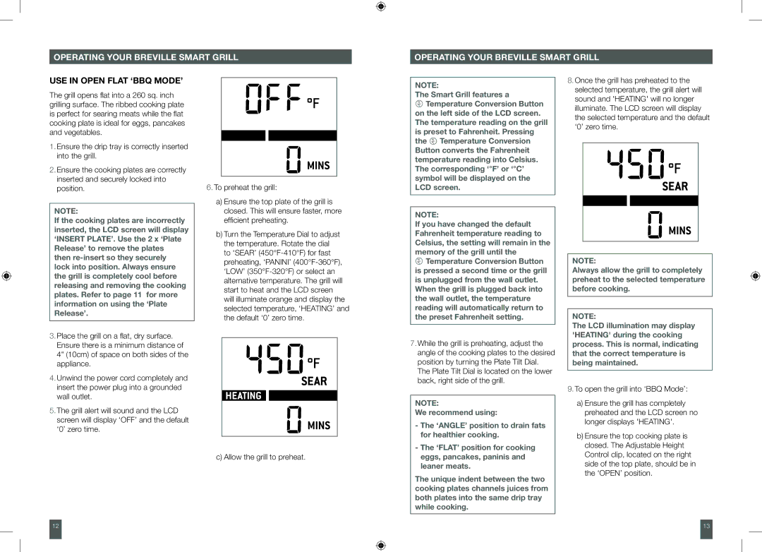 Breville BGR820XL manual Operating Your Breville Smart Grill, Use in open flat ‘BBQ Mode’ 