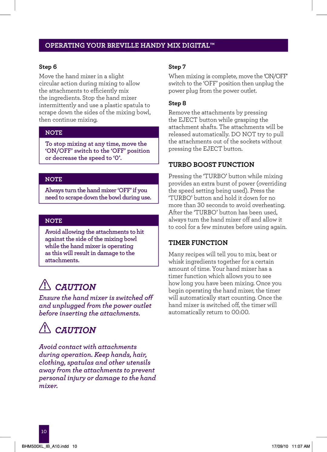 Breville BHM500WXL, BHM500XL, BHM500RXL manual Turbo Boost Function, Timer Function 