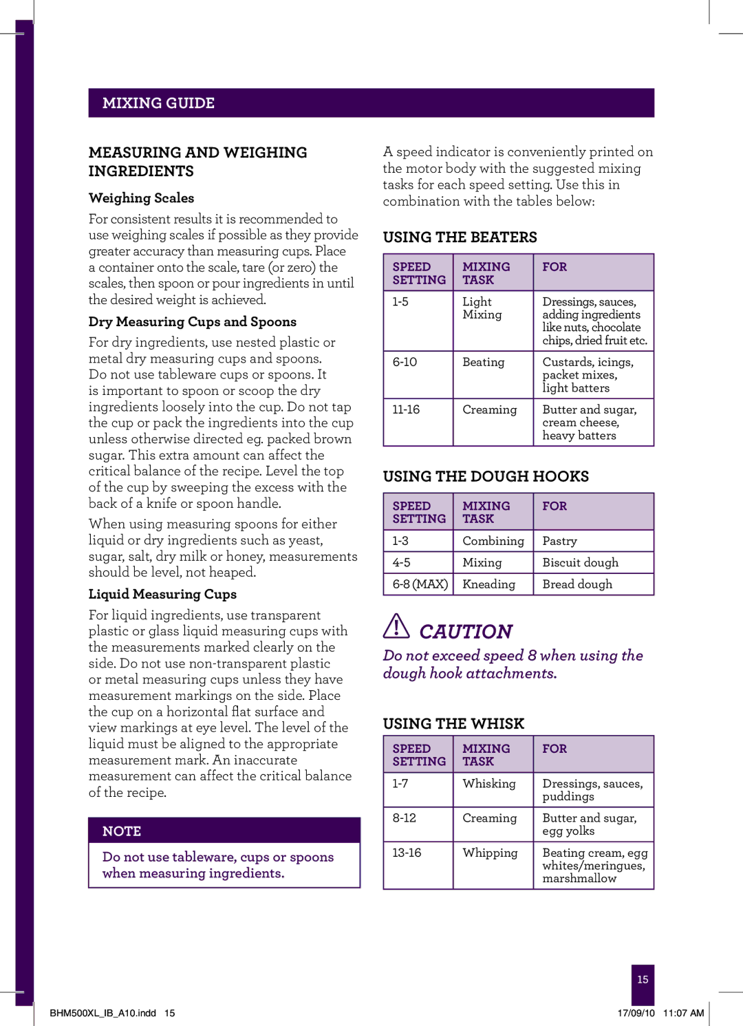 Breville BHM500XL, BHM500WXL Mixing Guide, Measuring and Weighing Ingredients, Using the Beaters, Using the Dough Hooks 