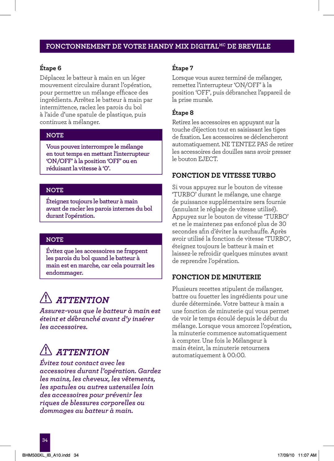 Breville BHM500WXL, BHM500XL, BHM500RXL manual Fonction DE Vitesse Turbo, Fonction DE Minuterie 