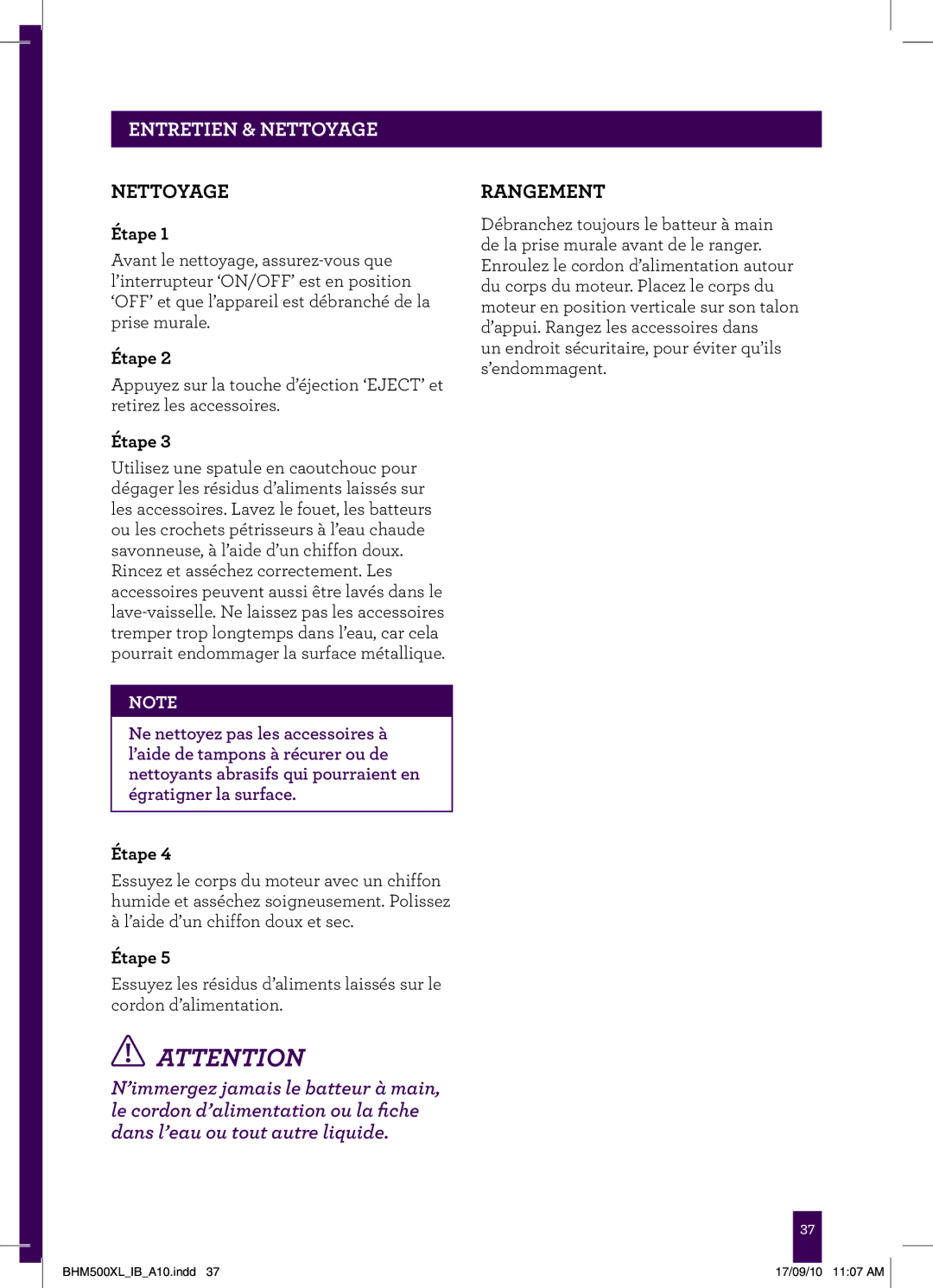 Breville BHM500WXL, BHM500XL, BHM500RXL manual Entretien & Nettoyage, Rangement 